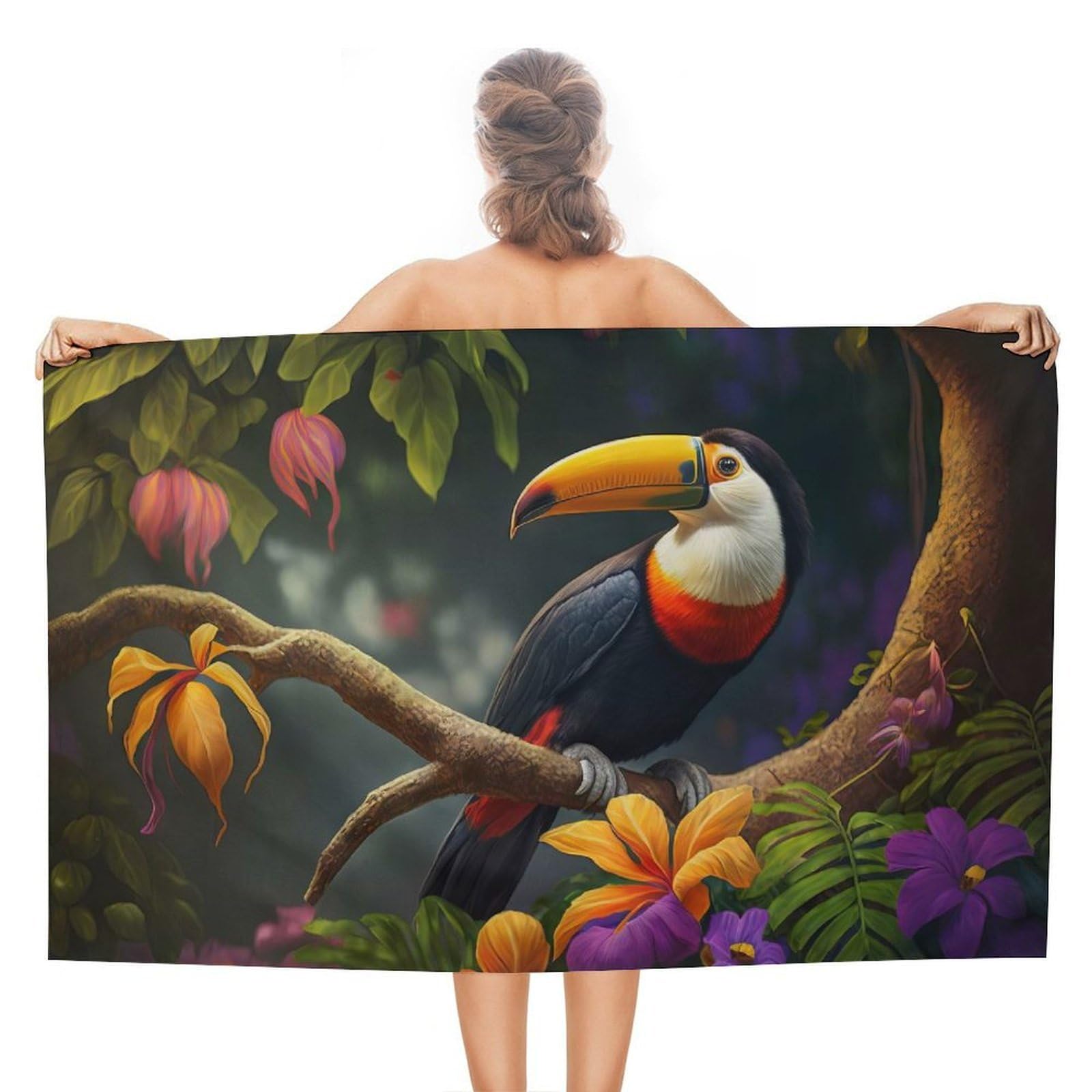 Serviette de plage toucan 130x80 cm grand format microfibre pour camping et bain