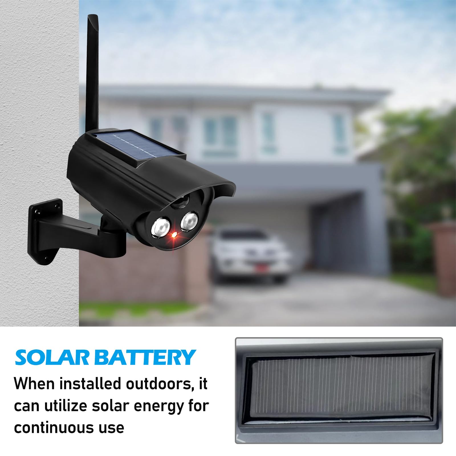 GOMETY 4 piezas de cámara falsa para exterior, cámara solar falsa, cámara de vigilancia falsa con luz LED roja intermitente, cámara de vigilancia falsa para exteriores para garajes, patios traseros