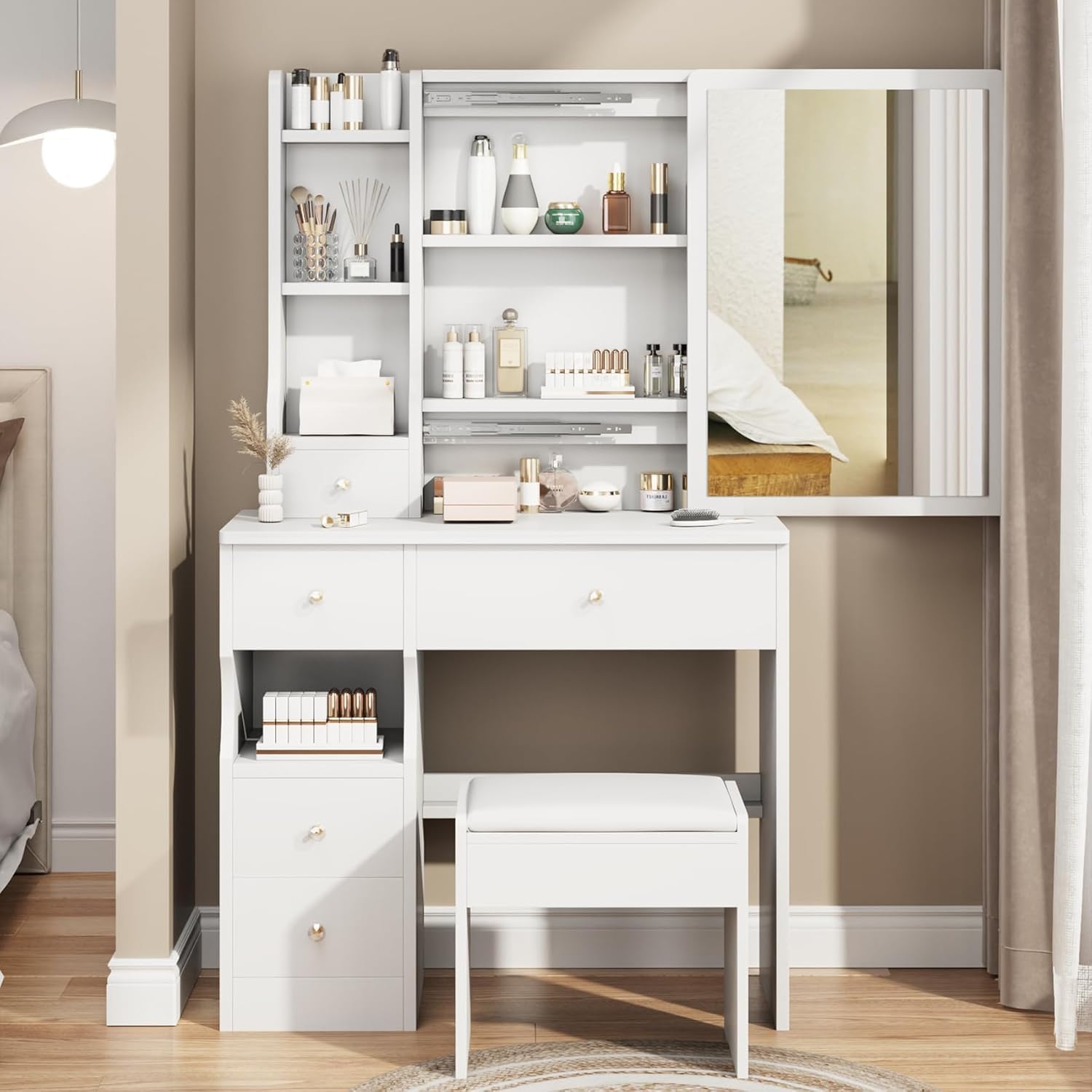BNSPLY Small Vanity Desk with Sliding Mirror, Black Makeup Vanity Set with 4 Drawers and 6 Shelves, Dressing Table with Cushion Stool for Bedroom