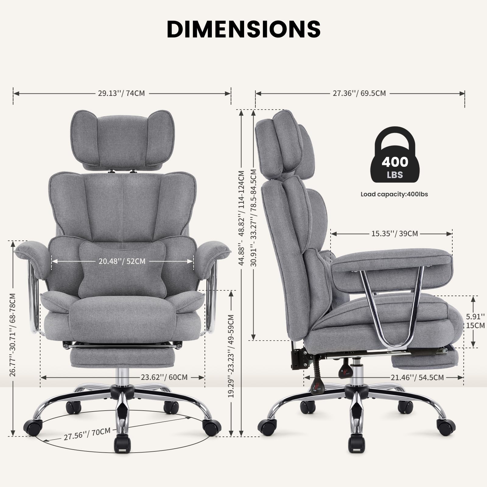 IWMH Bürostuhl Ergonomischer mit Fußstütze und Lendenwirbelstütze, Bürostuhl Chefsessel 200KG XXL, Drehstuhl mit Armlehnen und Kopfstütze Höhenverstellbarer Stoff (Grau)