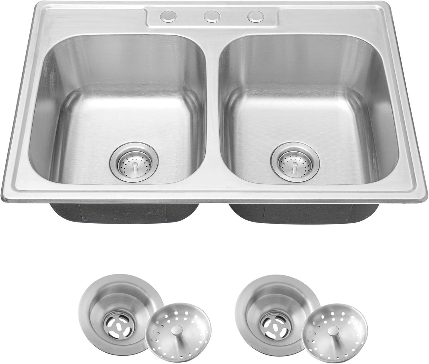 33x22-Inch Drop-in Stainless Steel 50/50 Double Bowl Kitchen Sink with Strainer, Top Mount Double Bowl Kitchen Sinks with 3 holes (33" X 22"X 9") product image