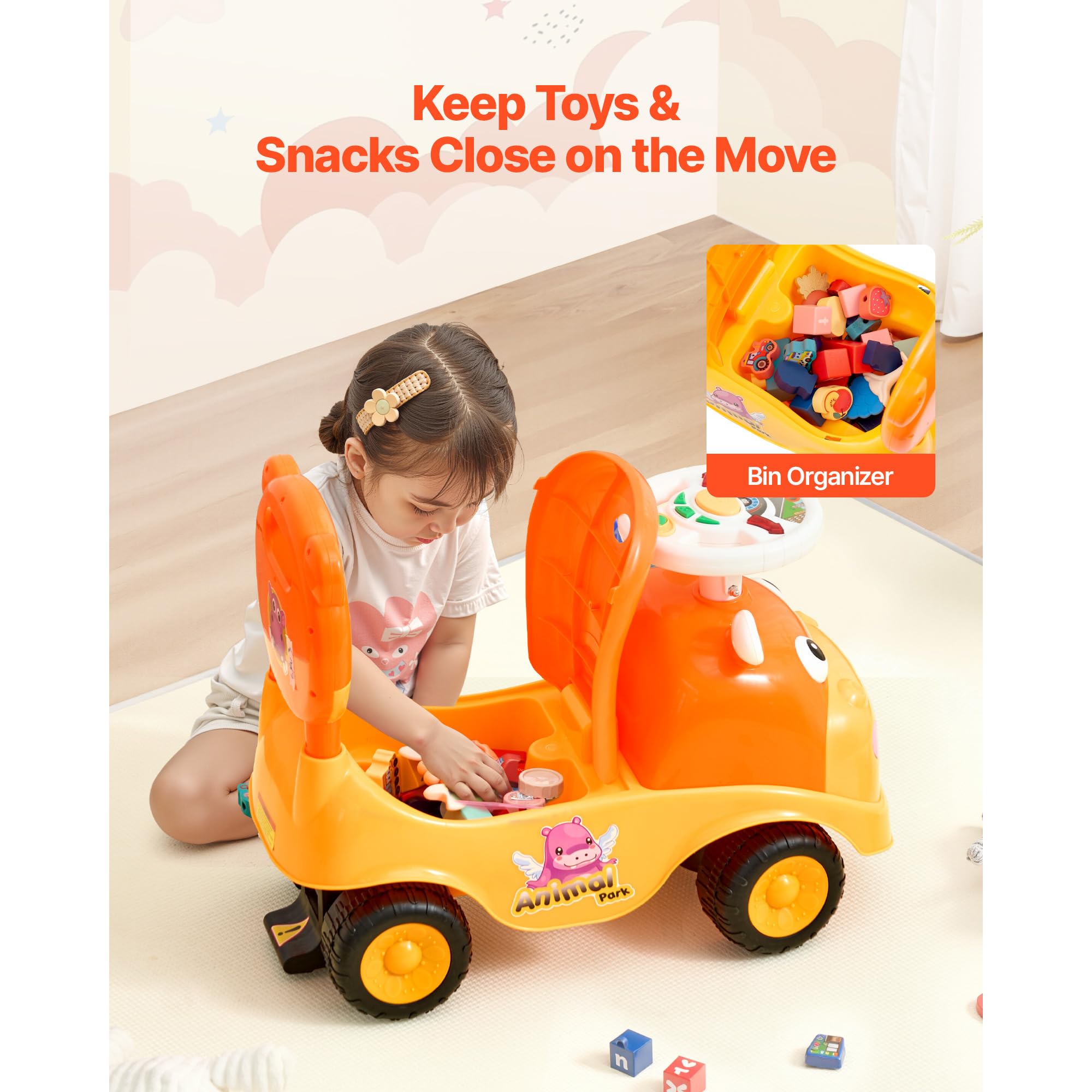 Uargd Ride-On Push Car, Ride-On Toy with Horn and Music, 48.5 lbs Weight Capacity, Under-Seat Storage, Foot-to-Floor Walker — view 6