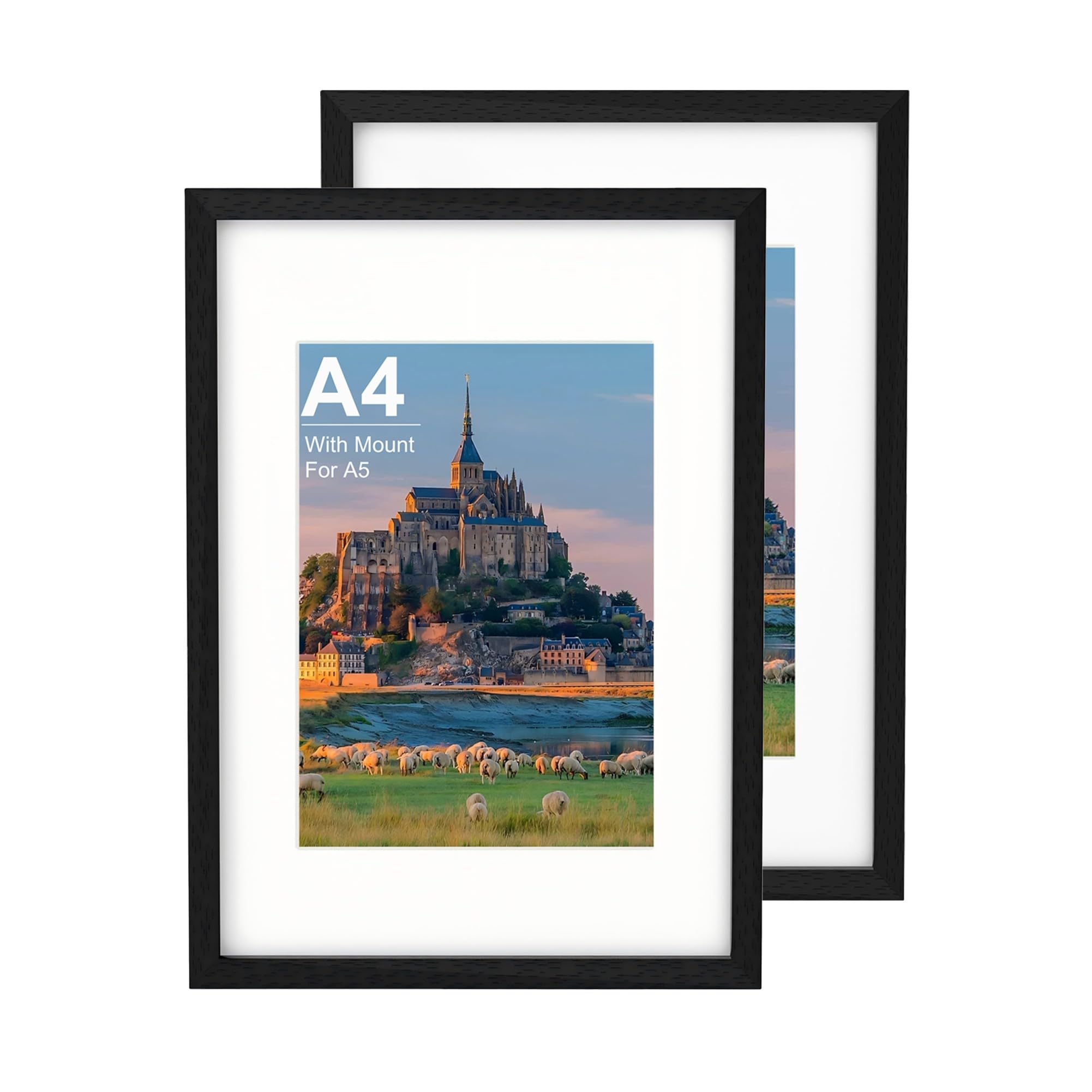 A4 Picture Frame set of 2, Black Wooden A4 Photo Frame 21 x 29.7 cm with A5 Mount