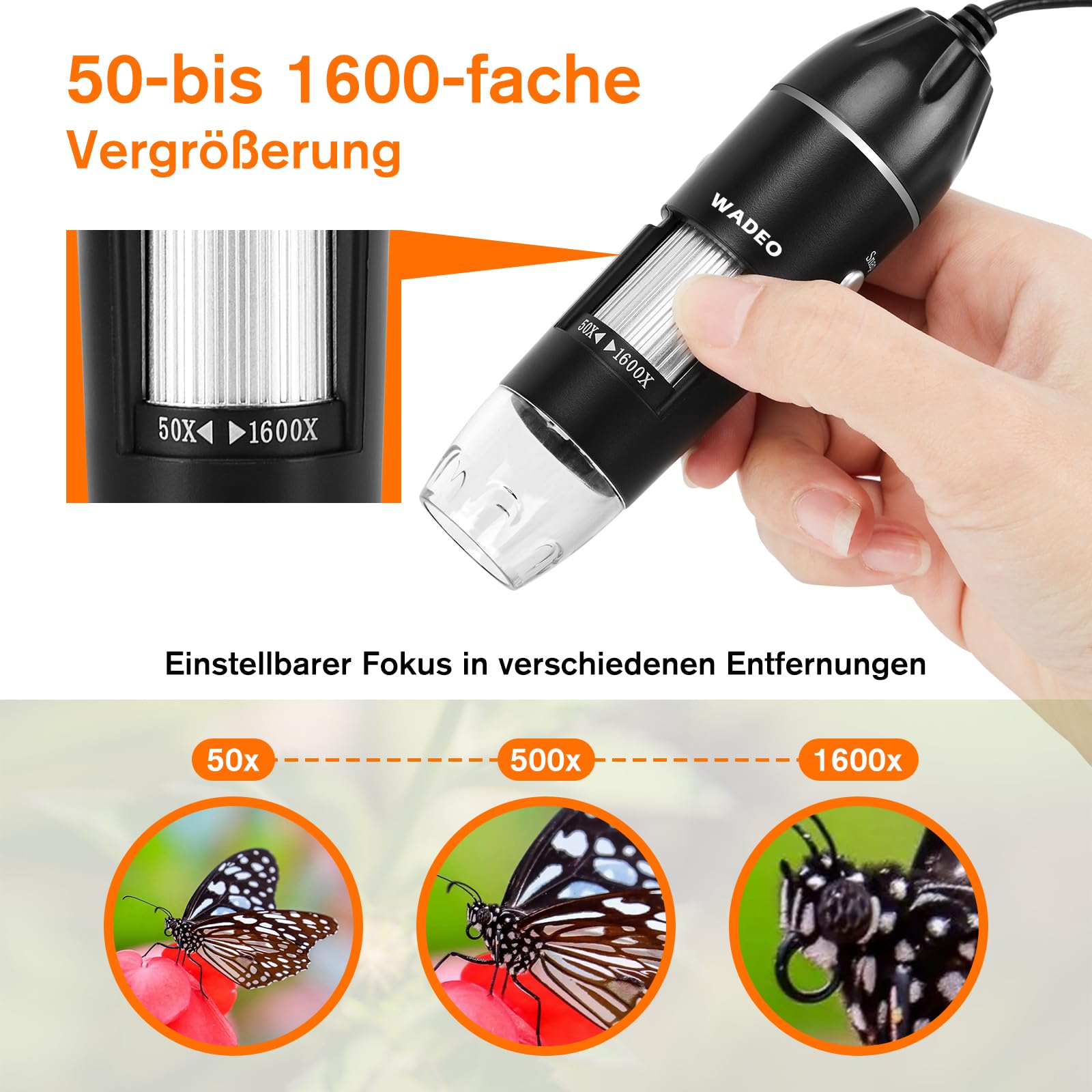 WADEO Digital Mikroskop, USB Mikroskop 1440P HD mit 50X-1600X Vergrößerung, Tragbare Inspektionskamera WiFi-frei, Kabeliges Handmikroskop mit 8 LED und Ständer, iOS, Android und Tablets kompatibel