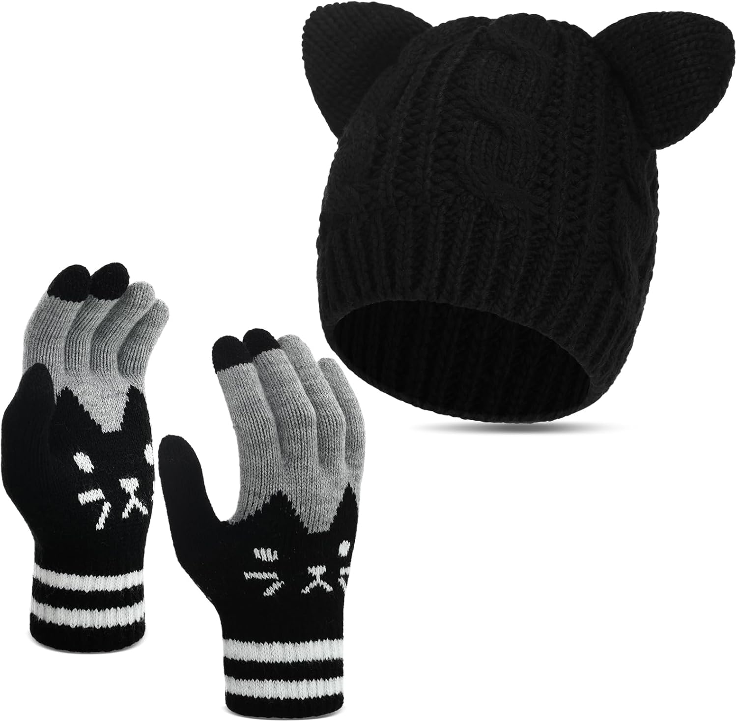 Ramede Women's Cute Cat Ears Beanie and Touchscreen Gloves Set, Double-layered Knitted Winter Hat Warm Woollike Crochet Ski Headgear and Knit Gloves New Year Anime Gifts for Women for Cold Weather - Image 2