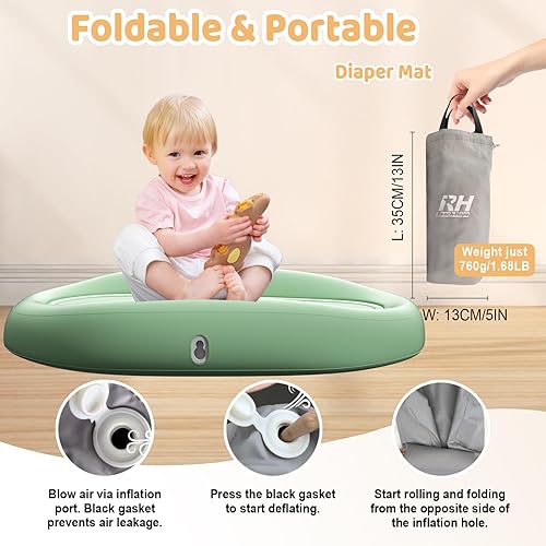 Miniatura 4 de Cambiador de bebé, cambiador de pañales inflable con correa de seguridad extraíble, TPU suave, plegable y portátil, cambiador para tocador, viajes,
