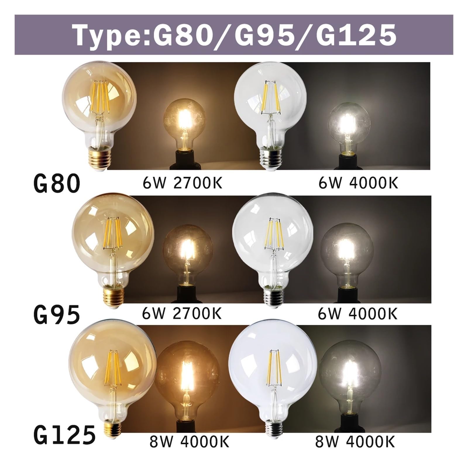 Genérico Bombilla LED de filamento (2 Unidades, E14, E27, C35, C35T, ST64, G80, A60, 220 V, 4 W, 9 W, Blanco cálido, Cristal, 360 Grados, Estilo Vela Retro, iluminación (G95, E27, 2700 K).