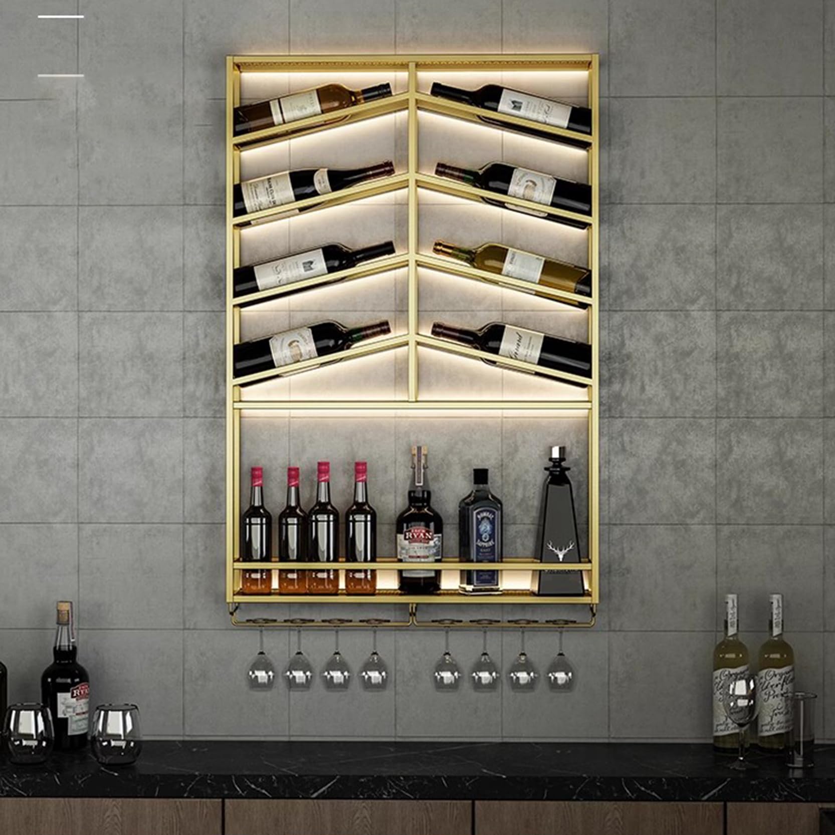 Casier à vin mural de prestige doré, meuble de rangement haut de gamme 68x100cm