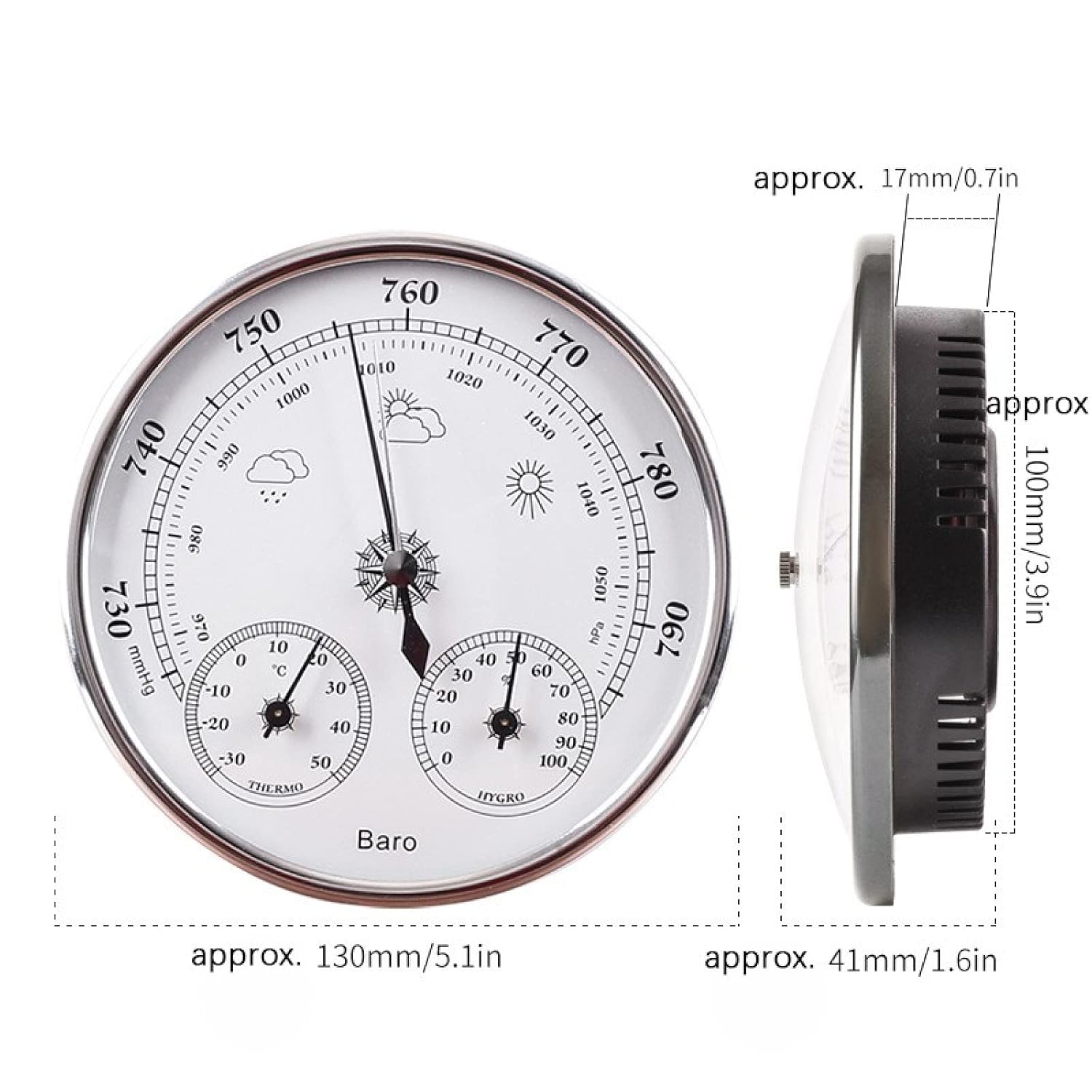 3 in 1 Barometer Traditional Barometer Temperature Humidity Atmospheric Pressure Monitor Meter 128mm 3 in 1 Weather Station Household Thermometer Hygrometer Barometer,128mm Silver