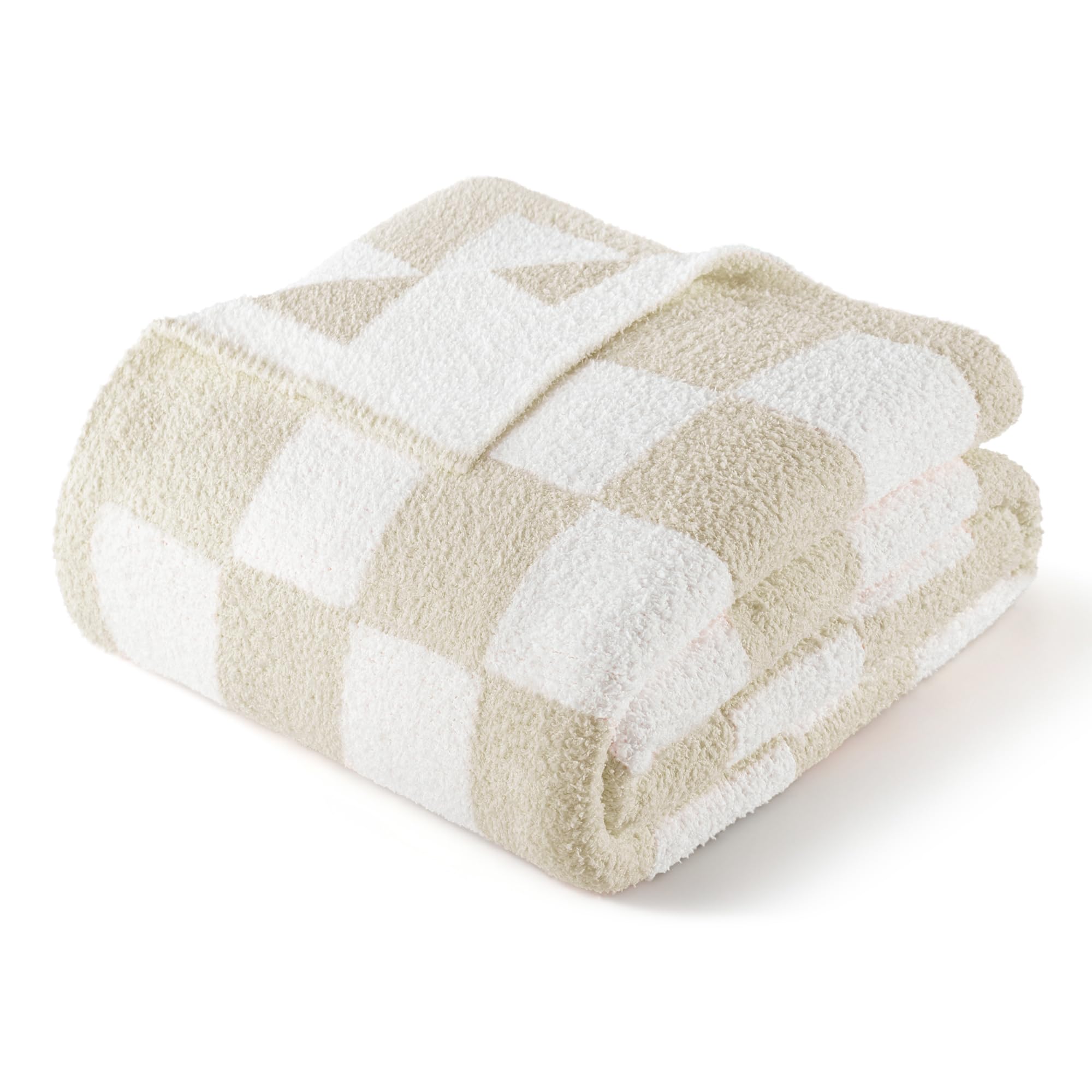Exclusivo Mezcla Checkered Knit Throw Blanket, Ultra Soft and Warm Reversible Woven Blankets, Cozy Snuggly Throw for Couch Bed and Home Decor, Khaki, 127x152 CM