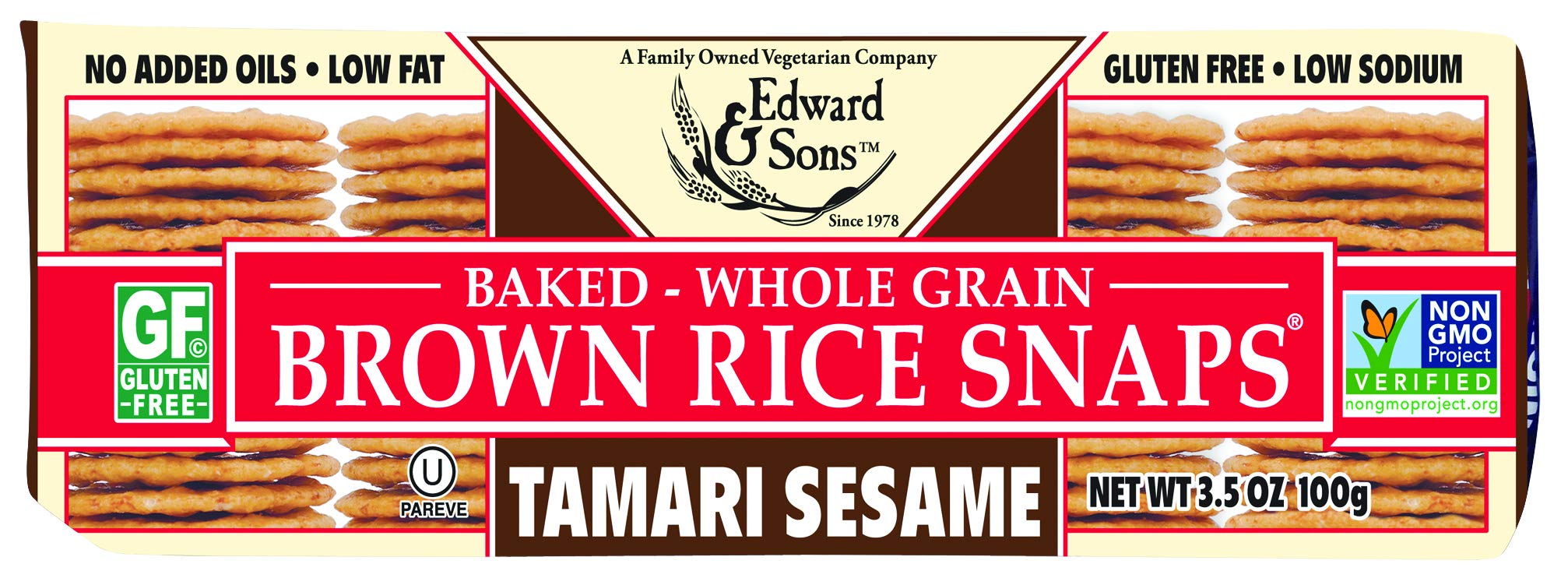 Edward & SonsTamari Sesame Brown Rice Snaps - Oven Baked, Whole Grain, Gluten Free, Low Sodium, Low Fat, Non-GMO Project Verified, USDA Organic - 3.5 Oz (Pack of 12)