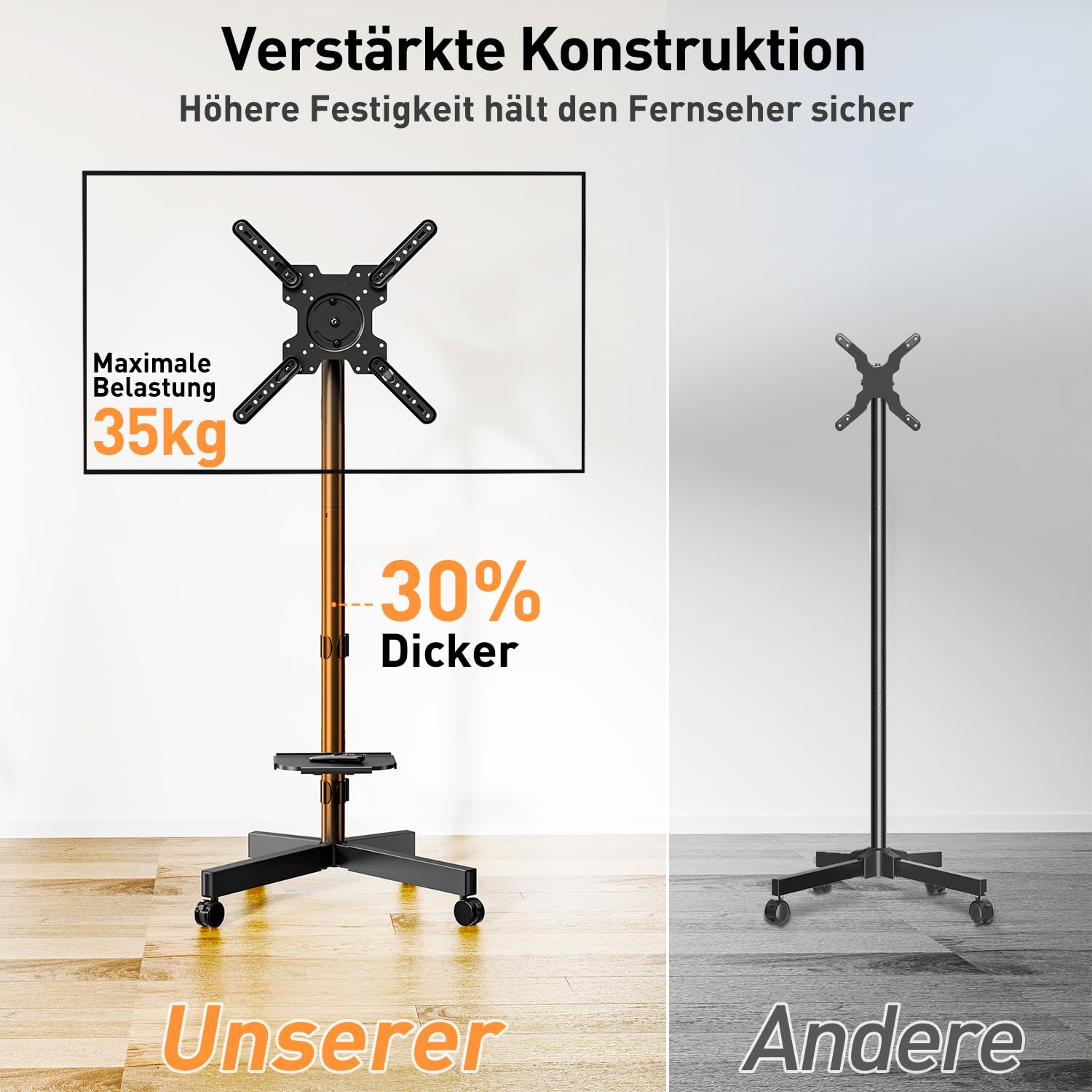 ELIVED TV Ständer Rollbar für 23-60'' TVs bis zu 35kg Max VESA 400x400mm | TV Standfuss mit Rollen Höhenverstellbar 90° Drehung Bodenständer EV2114B