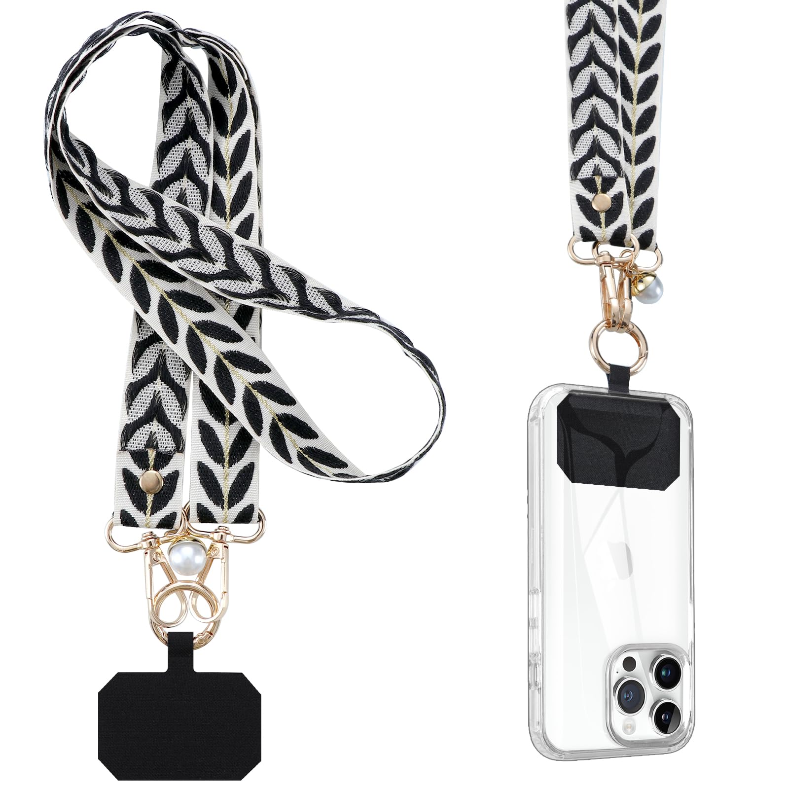 Cordon Tour De Cou Téléphone Buoluoioir - Lanière Réglable 41-59 Cm Avec Patch - Sangle Coton Perle Pour Femme
