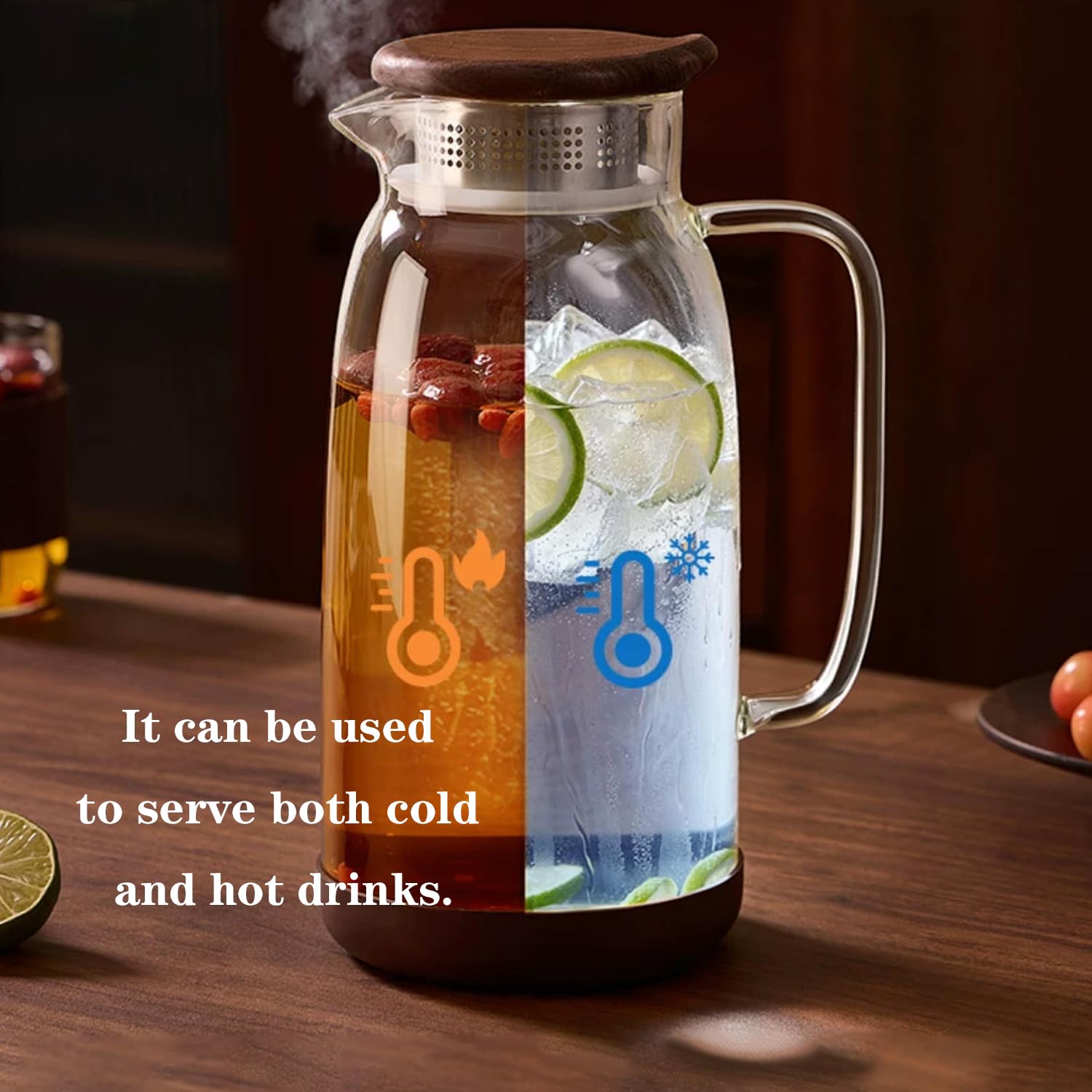 Jarra Agua Cristal con Tapa Jarra Agua Nevera para Té Helado Leche Jugo Bebida Fría y Caliente Resistente al Calor Tapa de Tetera de Madera