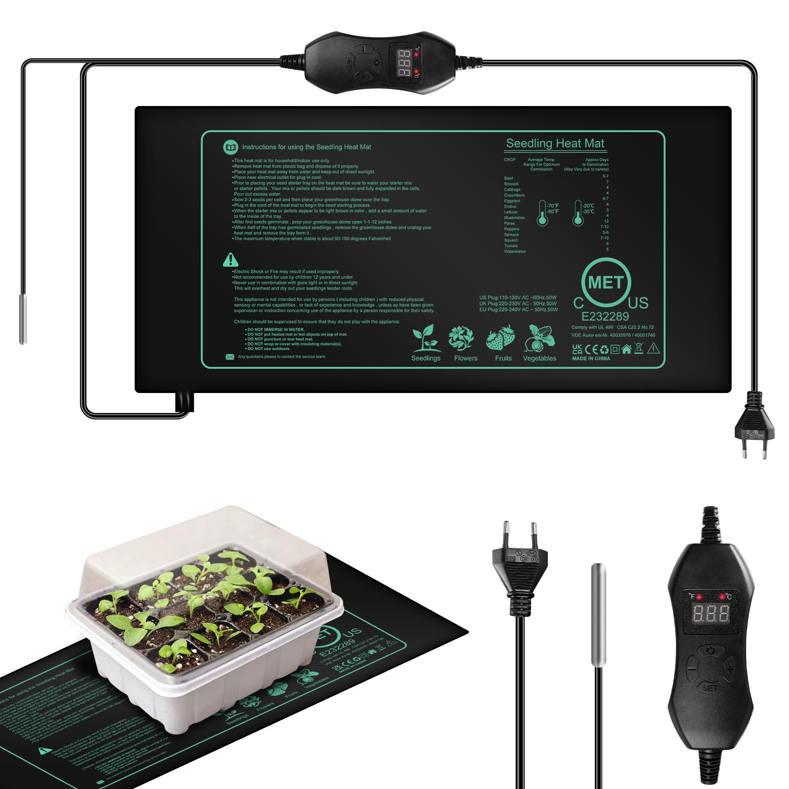Esterilla calefactora con termostato, 50 W, estera de calefacción digital para plantas con termostato, estera térmica con termostato, estera térmica para plantas de semillero, germinación, anfibios,