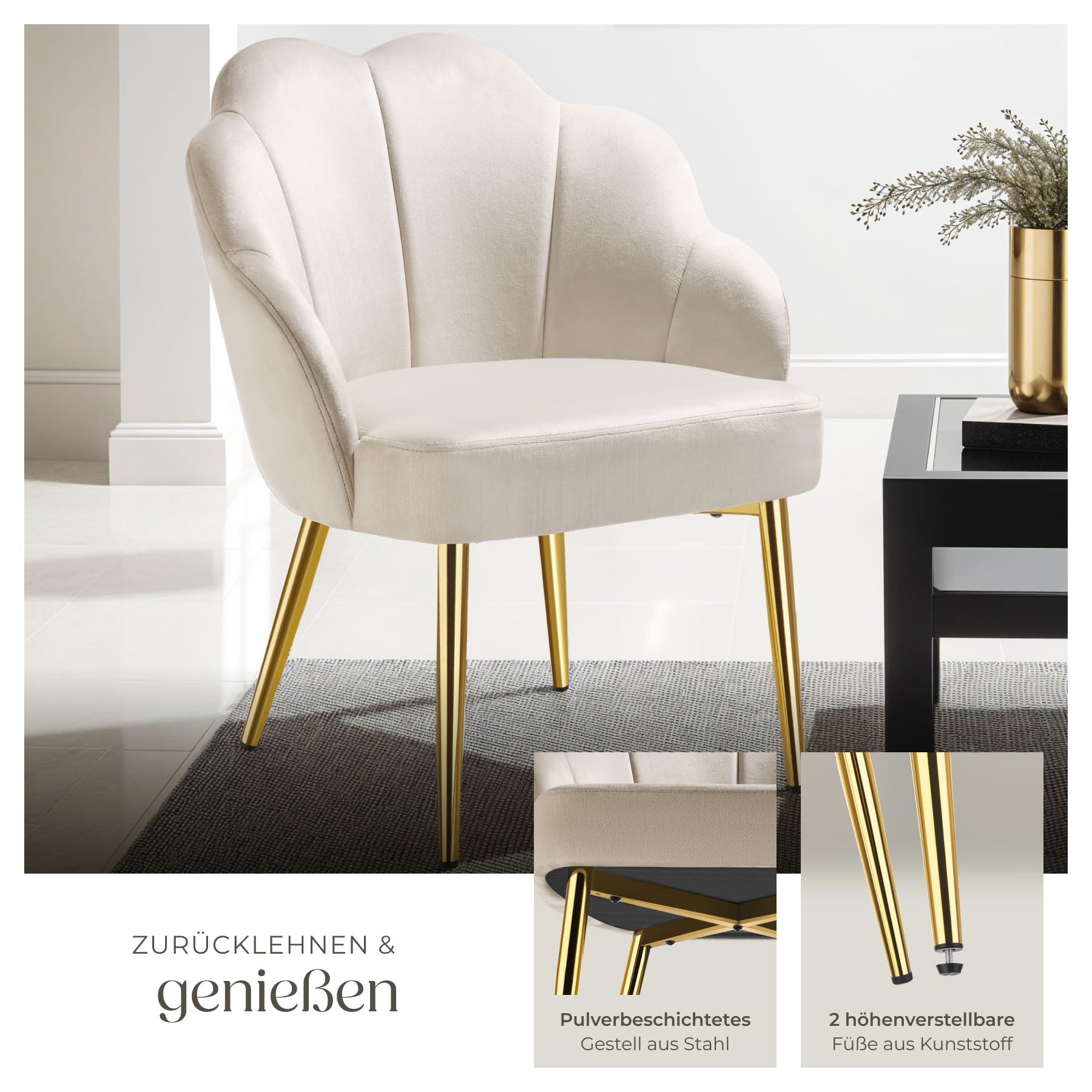 tectake® Cocktailsessel in Muschelform, Samt Stuhl mit Armlehne, Sessel Wohnzimmer, Loungesessel, Stühle Esszimmer, Relaxsessel, Sessel Schlafzimmer, Deko Zimmer, Lesesessel - créme/Gold, 1 Stuhl