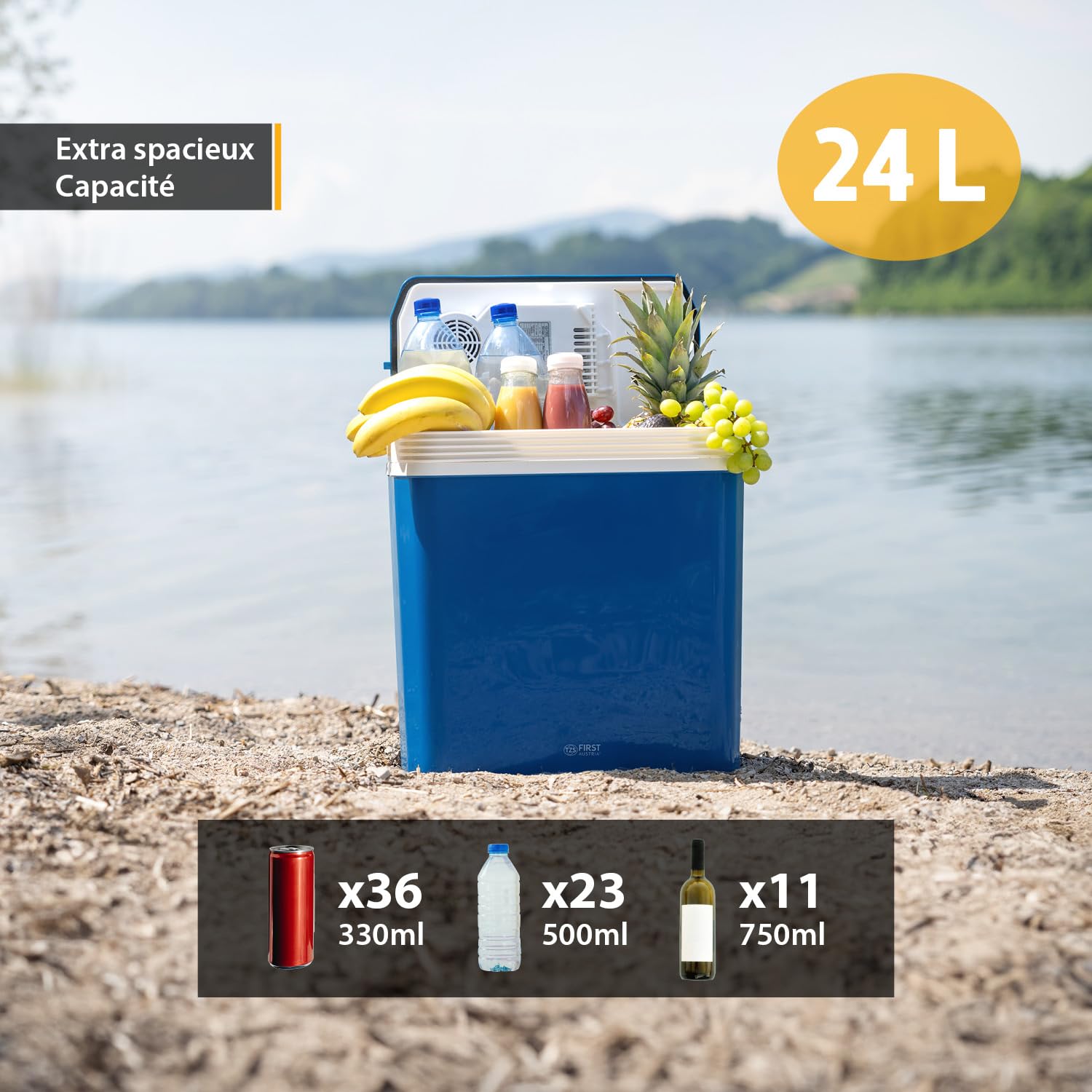 TZS First Austria - Réfrigérateur portable 24L électrique 12V 230V prise voiture & standard - Box thermoélectrique refroidit & chauffe - Glacière avec poignée - Pour camping, festival, voyages - Bleu