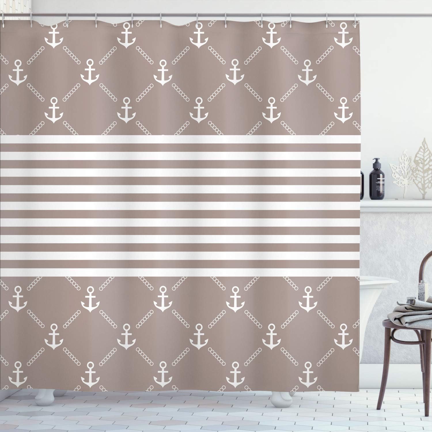 Lunarable Nautical Shower Curtain, Classical Nautical Pattern Anchor and Chain Motifs Checkered Striped Motifs, Cloth Fabric Bathroom Decor Set with Hooks, 69" W x 70" L, Chocolate