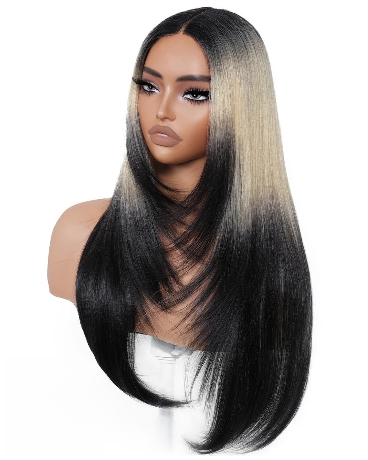 Photo 1 of BrownBomb Ombre Blonde Black Wear and Go Glueless Wigs Pre Plucked Pre Cut for Beginners Synthetic Lace Front Wigs With Bangs Long layered Straight Dark Roots 26 Inch 3 Seconds to Wear for Beginners
