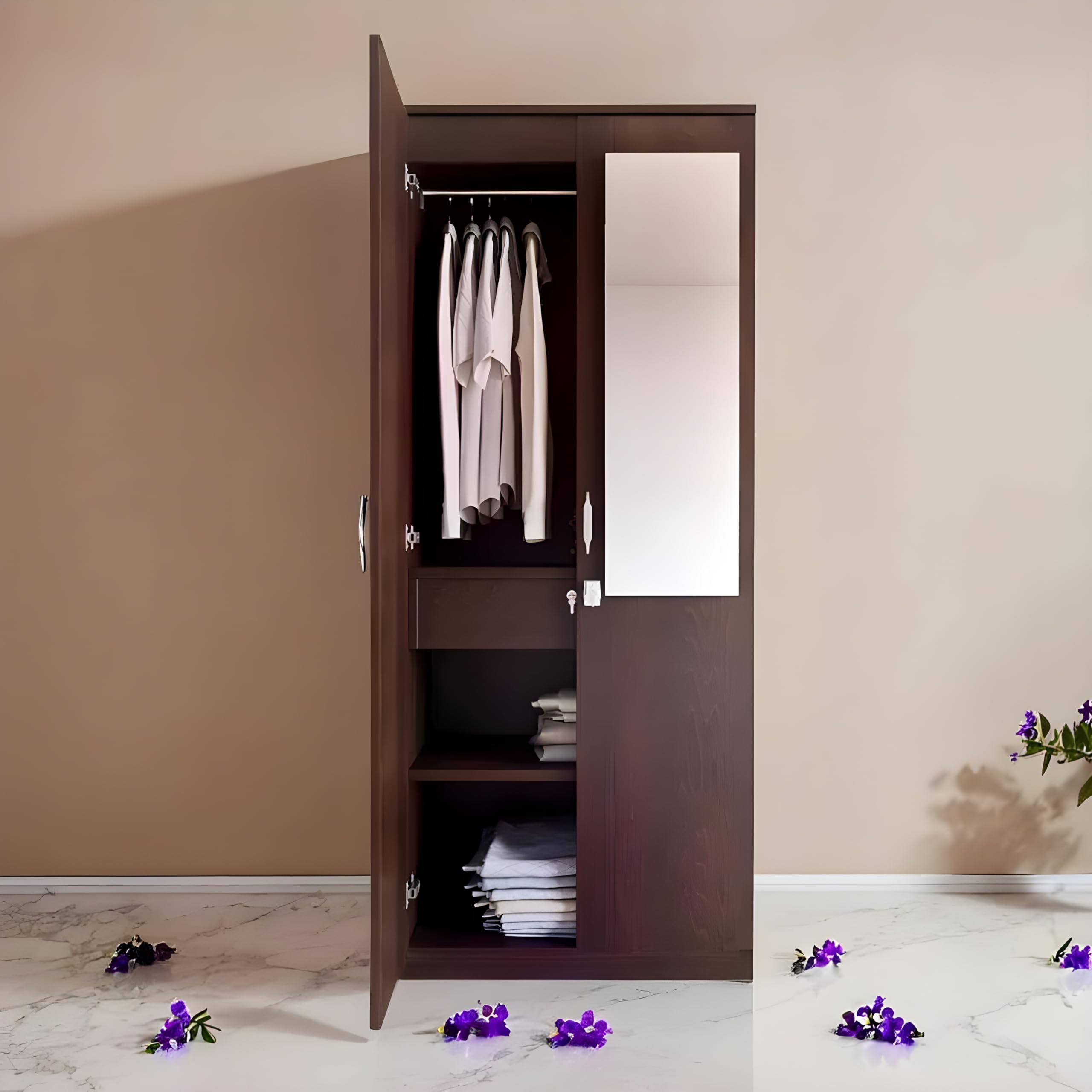 Prestige Furniture Riva Engineered Wood 2 Door Mirror Wardrobe, 3 Shelves, 1 Drawer, 1 Hanging Rod, Brown-image-4