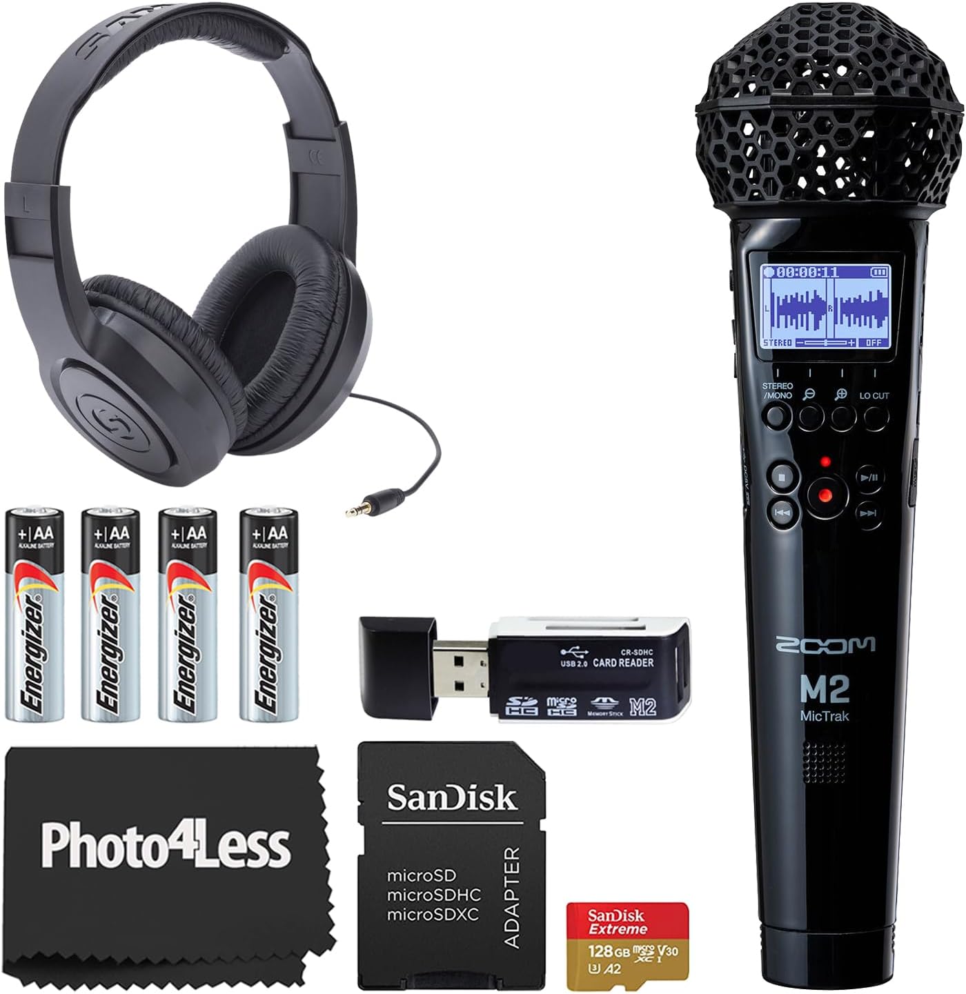 Zoom M2 MicTrak Stereo Microphone and Recorder Bundle with Over-Ear Stereo Headphones, 128GB microSDXC Memory Card, AA Batteries (4 Pack), Card Reader, and More