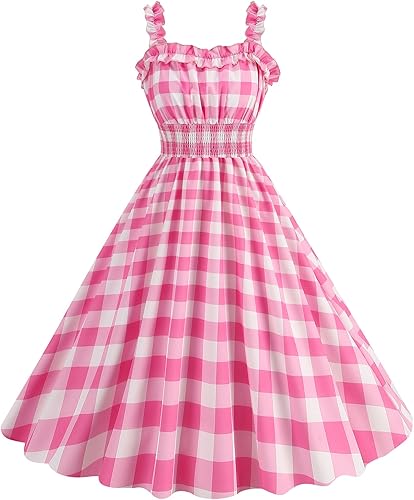 ODASDO Vestido de cuadros rosa para mujer, estilo vintage, Rockabilly de los años 50, con tirantes delgados, acampanado, vestido midi para cóctel,
