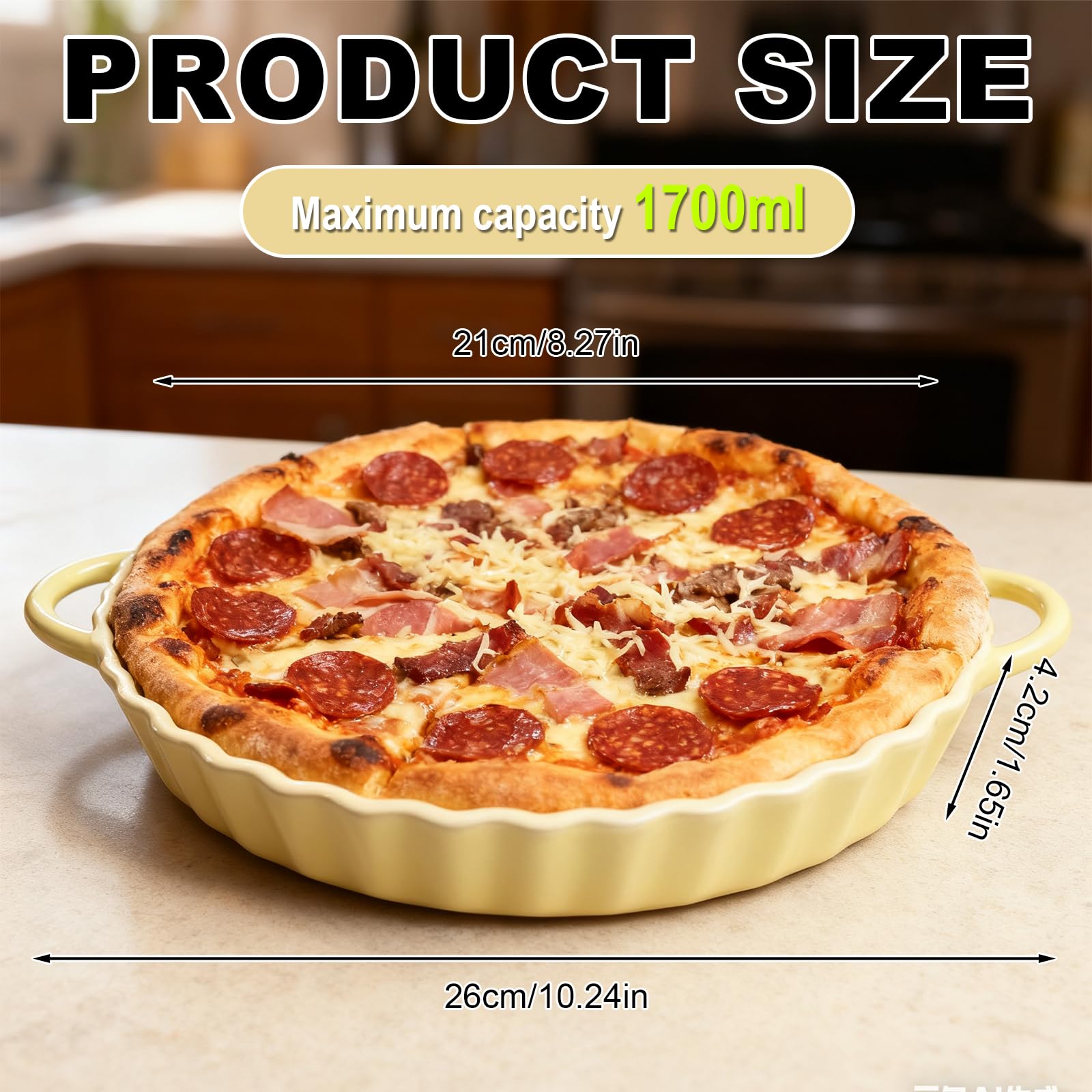 FARYODI Molde de cerámica profundo para tartas, 21 x 4,2 cm, redondo, con asas, para tartas de quiche, revestimiento antiadherente, apto para microondas, lavavajillas y horno (beige)