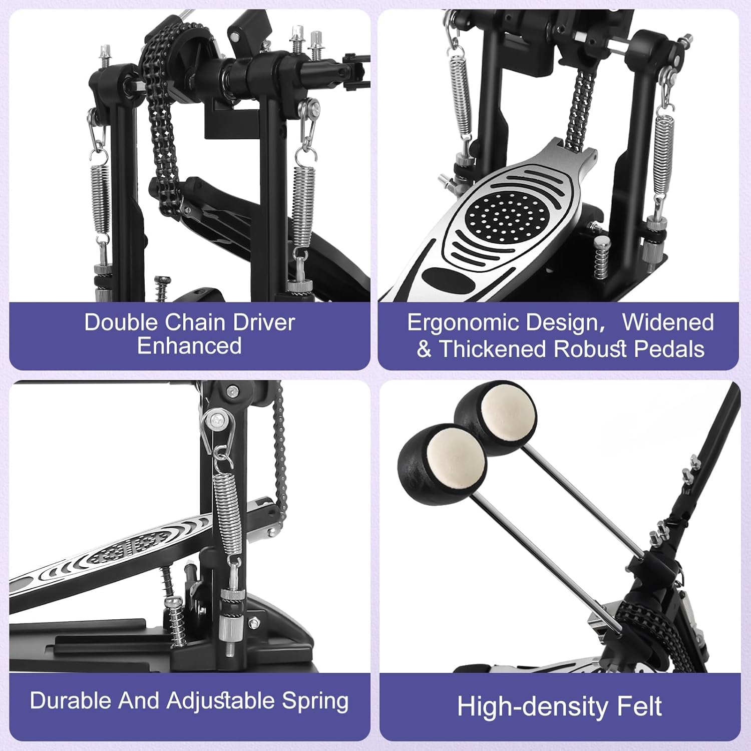 Doppel Bassdrum Pedal mit Doppelkettenantrieb, Kick-Pedal mit einstellbarer Feder- & Schlägelspannung, rutschfeste Bodenplatte, kompatibel mit akustischen & elektronischen Drumsets