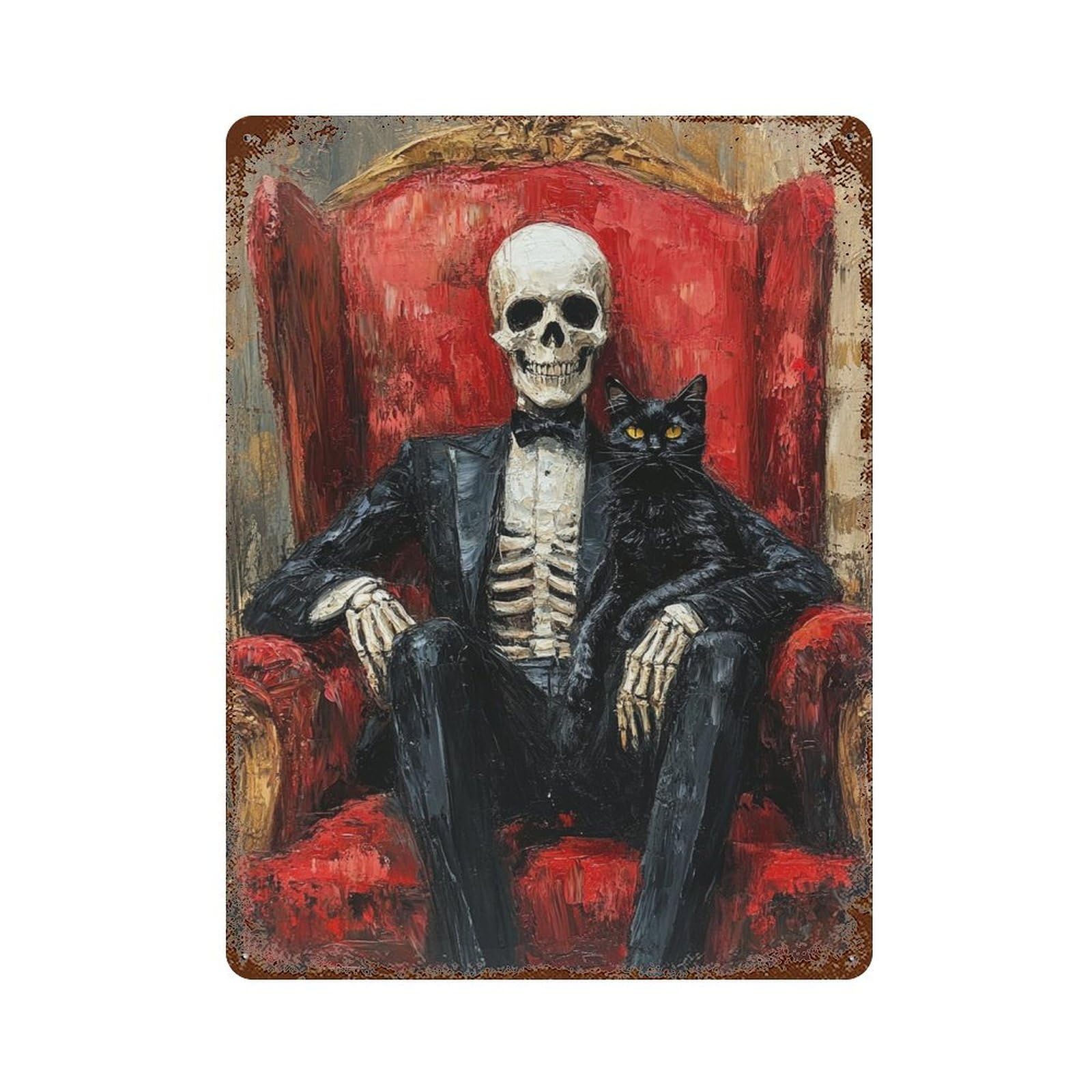 Rust Effect Spooky Skeleton with Black Cat Weathered Tin Sign 15.7"x11.8", Farmhouse Wall Decor for Farmhouse, Kitchen And Entryway Decor