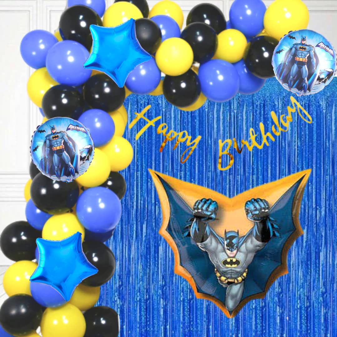 Party Town Batman Theme Decoration Combo for Boys and Girls Birthday With Metallic Balloons, Foil Stars, Balloon Arc, Glue Dots - Pack of 70