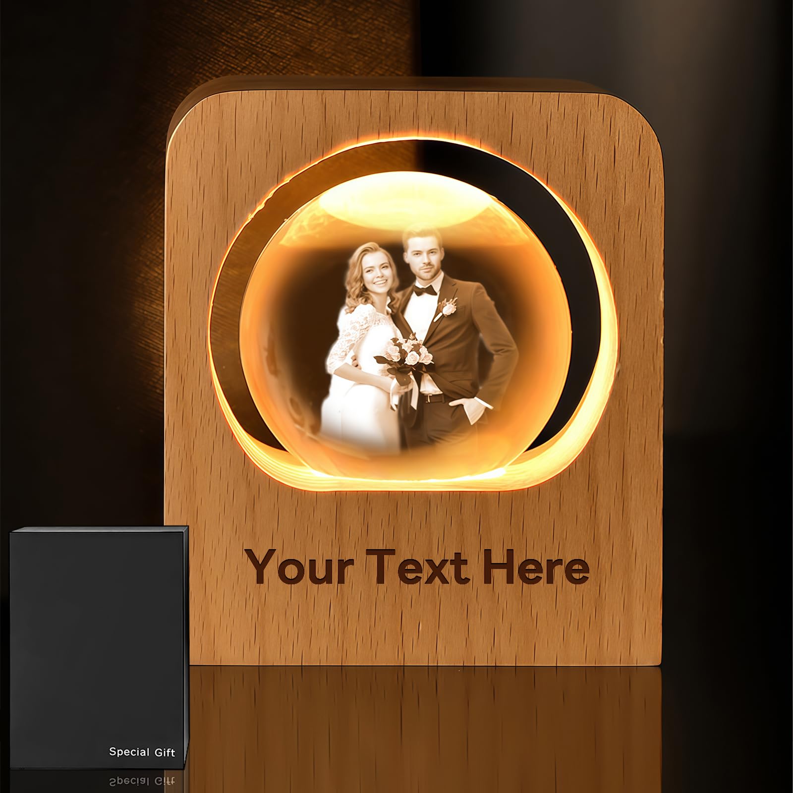 Personalized 3D Crystal Photo Night Light - Custom Engraved Glass Ball with LED Wood Base Perfect Custom Gift