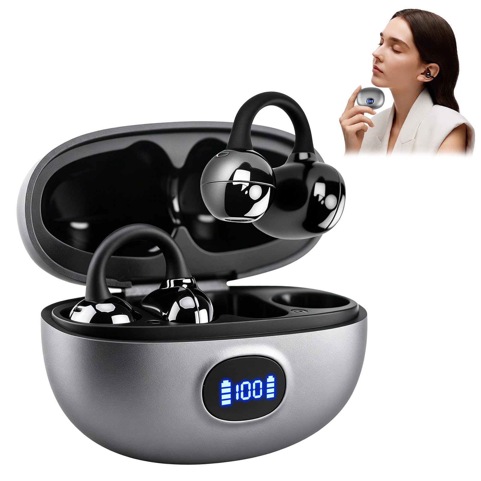 Auricolari Bluetooth senza fili,Open-Ear con clip, cancellazione del rumore, leggero con clip, impermeabile, display a LED, per sport, corsa, studio, viaggi (iOS e Android), qualità del suono di