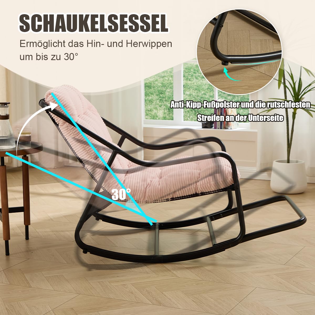 Schaukelstuhl Loungesessel ohne Armlehnen, Lesenstuhl Relaxstuhl mit Metalrahmen, Stuhl drinnen & draußen für Wohnzimmer Balkon Garten, Cord Pink