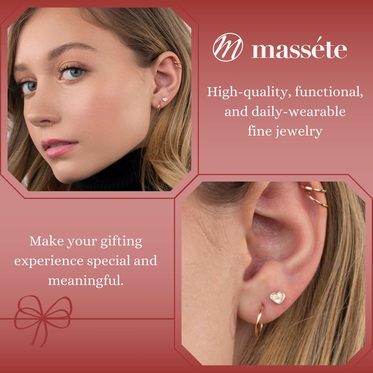 14k Yellow White Gold Heart Earrings Stud Post Sun Rays Design Simulated Diamond Safety Screwback Covered Back Closure