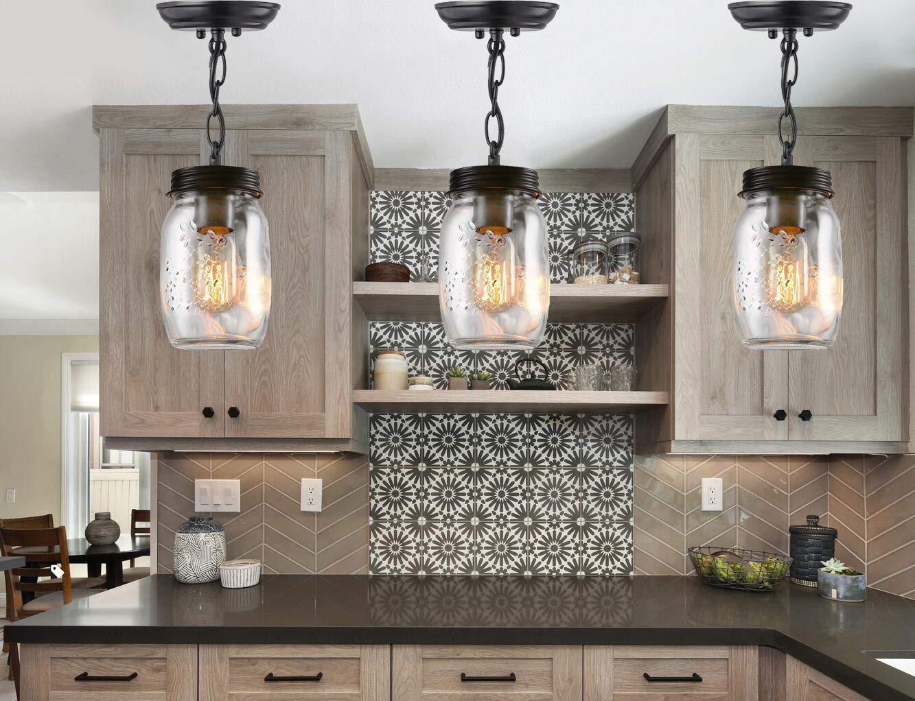 Candelabro de Granja para Accesorios de iluminación de Cocina, Luces de Vidrio, lámpara Colgante de Tarro de albañil para Accesorios de iluminación de Comedor, Acabado de Metal Negro
