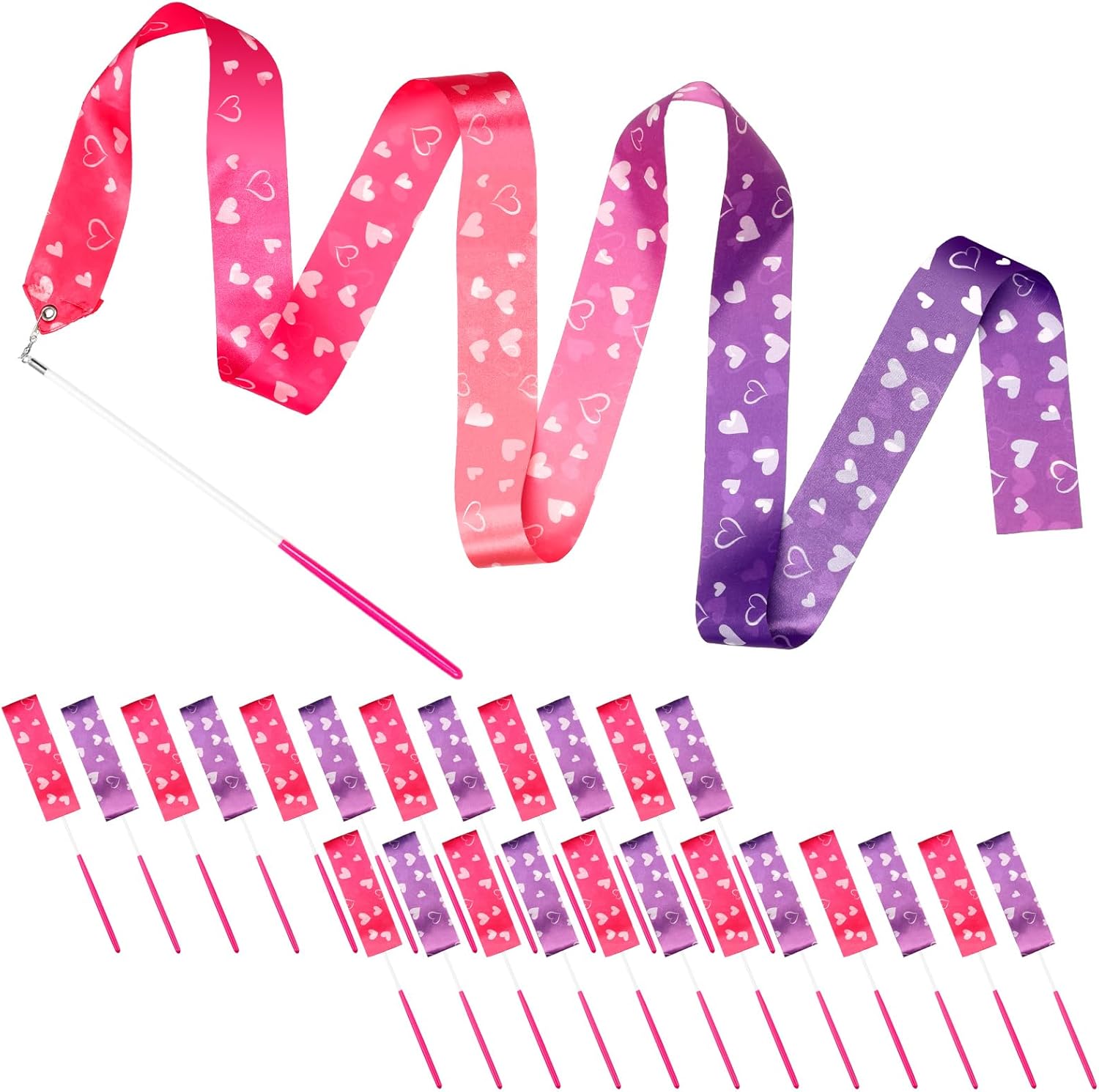 JellyArch 24 Pcs Ribbons Wands Gymnastics Party Favors Dance for Kids Girl, Pink Rainbow Birthday Decorations Rhythmic 78.7 Inch Dance Streamers for Party Gift Supplies