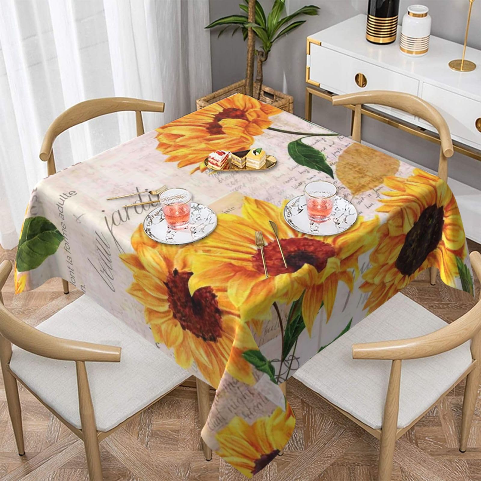DCEHGEW Sunflower Prints Square Tablecloth 137x137 CM, Waterproof Fabric Table Cloth for Dining Table, Farmhouse Table Cover for Kitchen Dining Tabletop Decoration