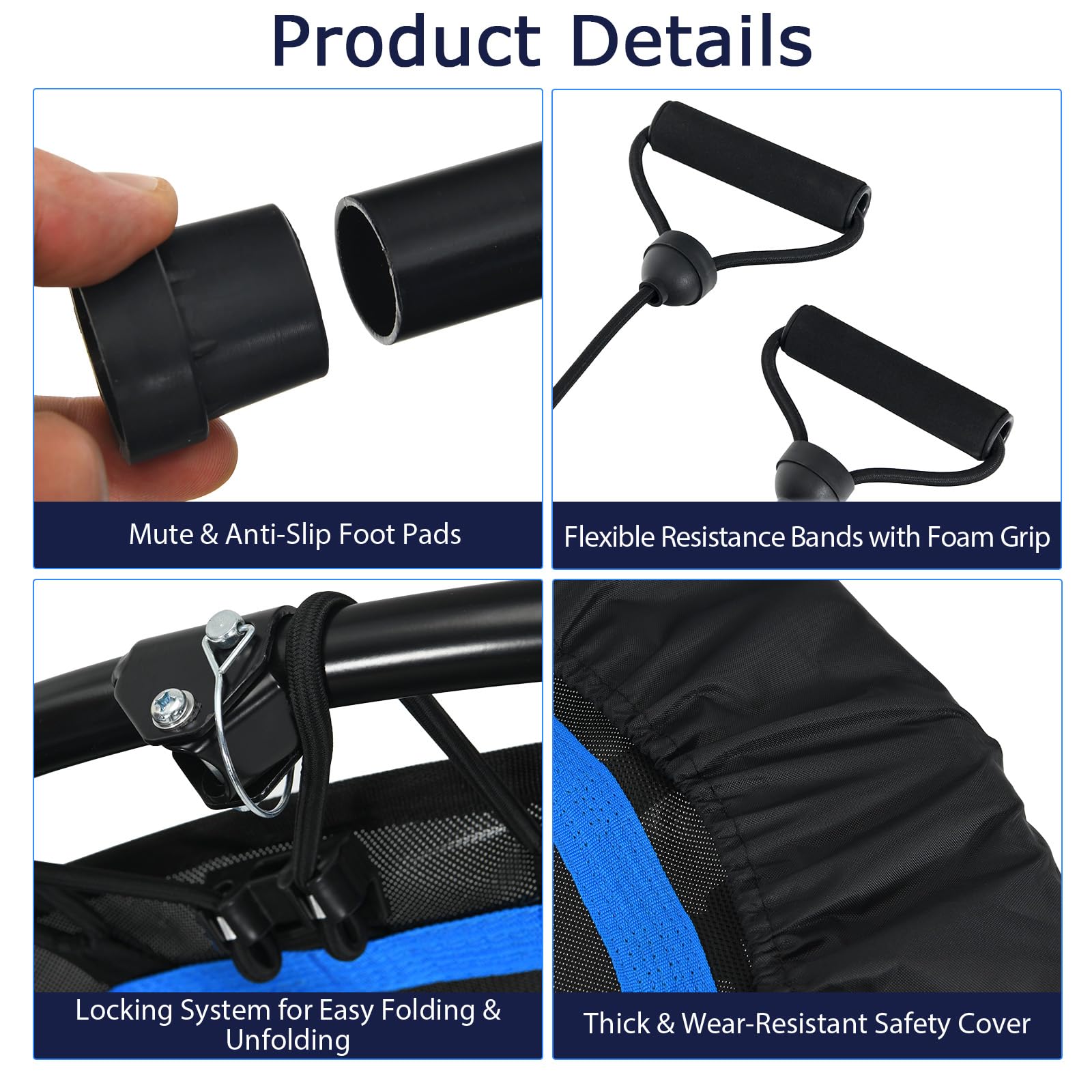 KOMFOTTEU Tappeto Elastico 2 in 1 Ø101 cm, Trampolino Elastico Fitness da Interno e Esterno con Manico Regolabile in Altezza e 2 Fasce di Resistenza, Mini Trampolino Pieghevole fino a 150 kg, Nero+Blu