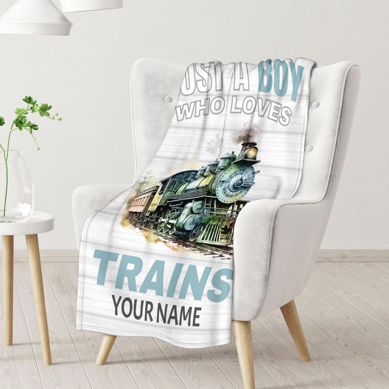 Personalized Train Blanket with Name - Soft, Fuzzy & Warm - 60"x80" Twin Size Blanket for Bed, Couch & Living Room - White Cute Throw Gifts for Boys