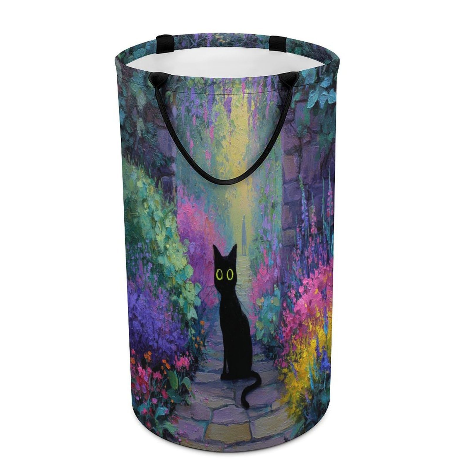 LUYYSKY Cute Anime Black Cat Versatile Storage Laundry Basket, Beautiful Rustic Spring Garden Plants Flowers Animals Kitten Pattern Large Capacity Bathroom Hamper With Handle