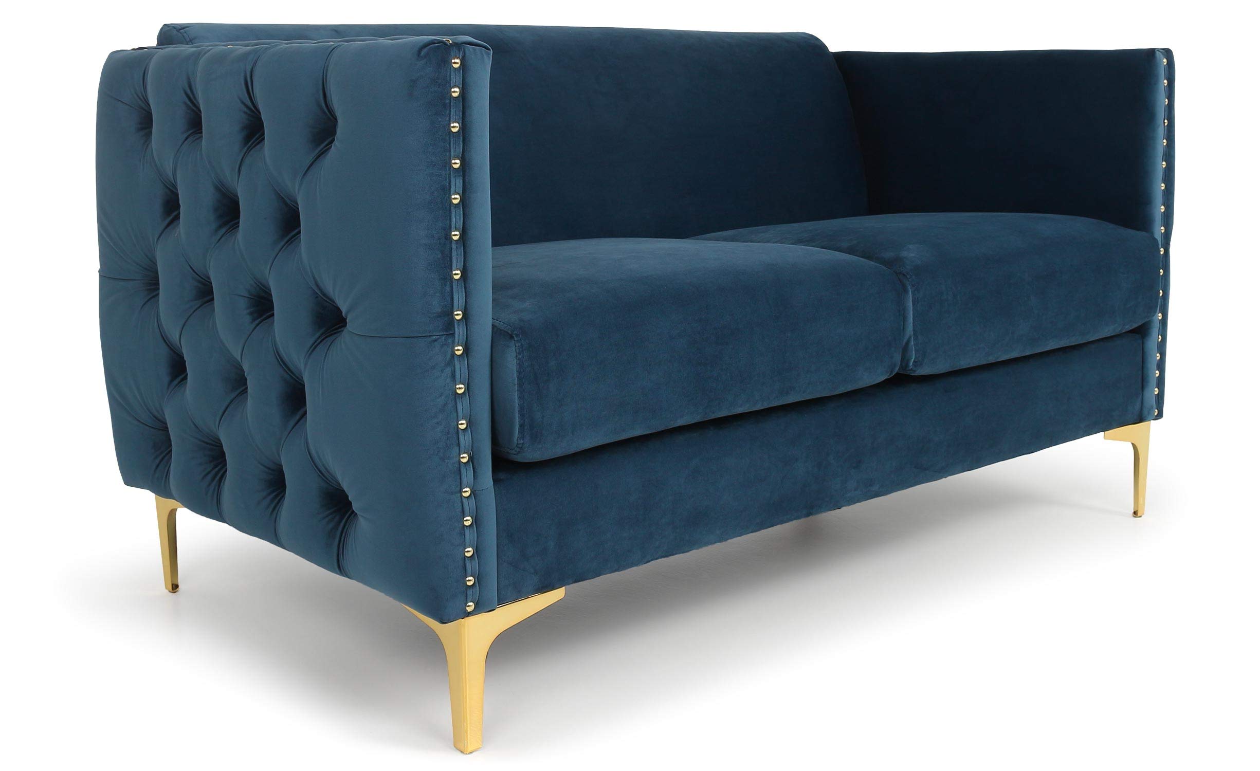 Menzzo Canapé 2 Places L145 cm Joshua Velours Bleu – Canapé Capitonné Design Chic avec Pieds Métal Doré – Canapé Compact Confortable pour Salon & Petit Espace