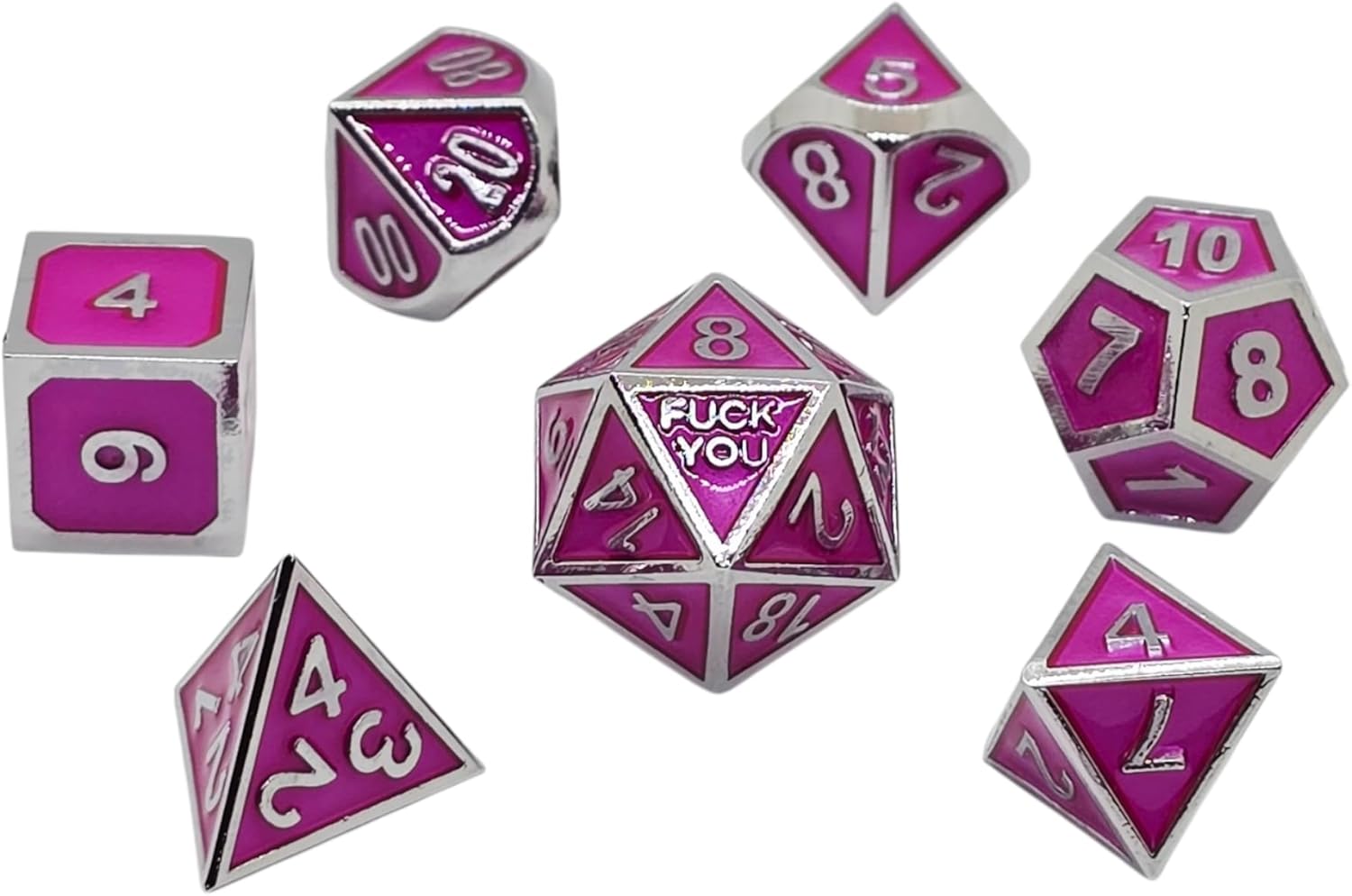 Metal D20 F Dice Critical Fail F 20 Sided Die Set DND Number Role Playing Game Dungeons and Dragons D&D Shadowrun Black Silver Red Blue Gold Copper Purple Green Pink White (Full Set, Pink and Silver)