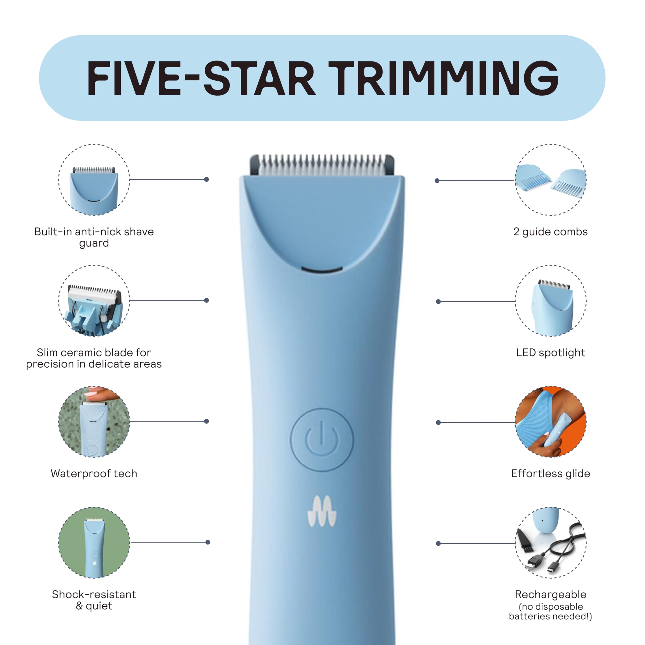 Meridian Recortadora más delgada, recortadora de vello púbico y corporal, depilación de bikini, sin rasguños, quemaduras de afeitar, sin encarnados, diseño ergonómico, tecnología húmeda/seca, foco LED