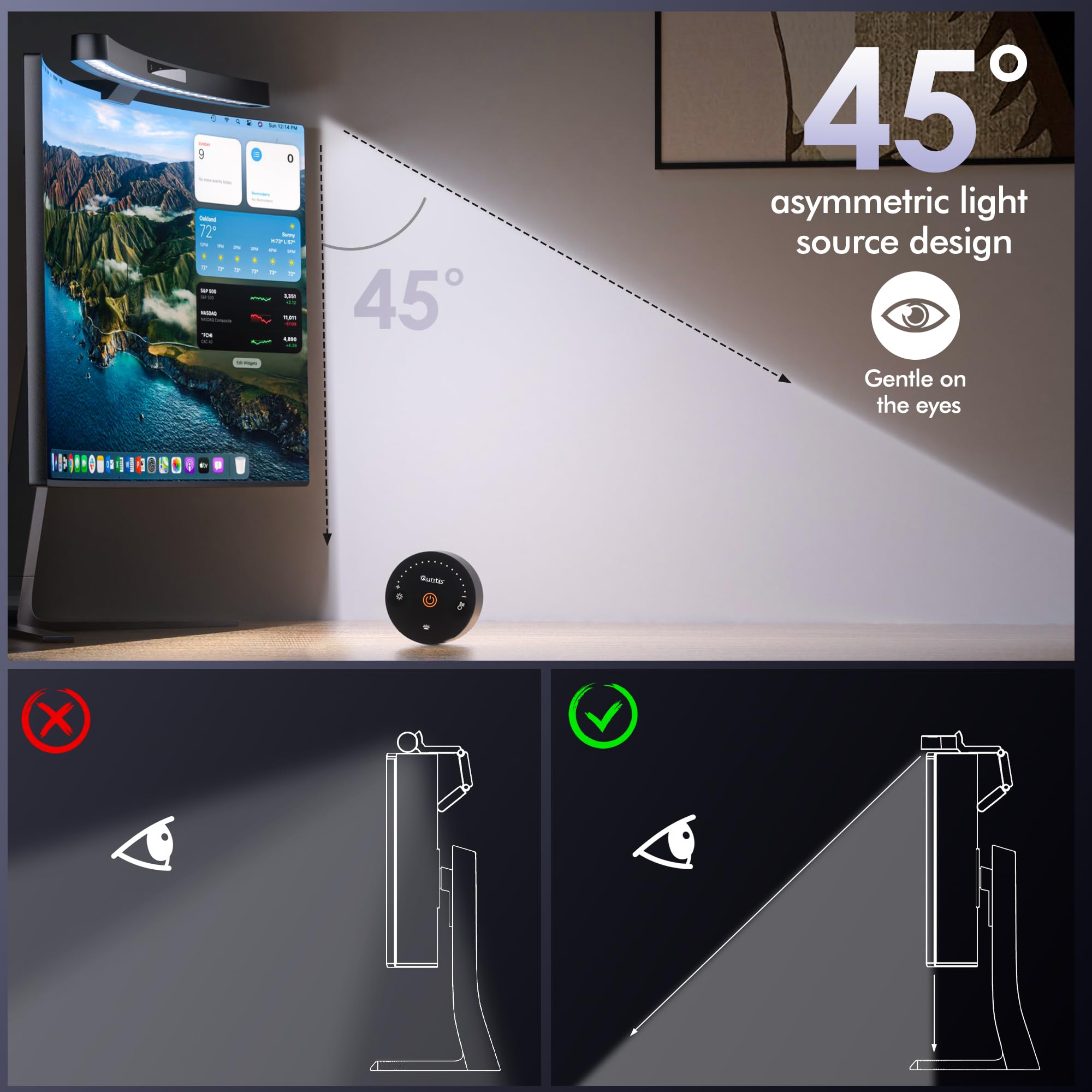 Quntis Lampe Écran PC Incurvé 45CM LED USB Monitor Light Bar avec Télécommande Double Réglage Gradation Automatique