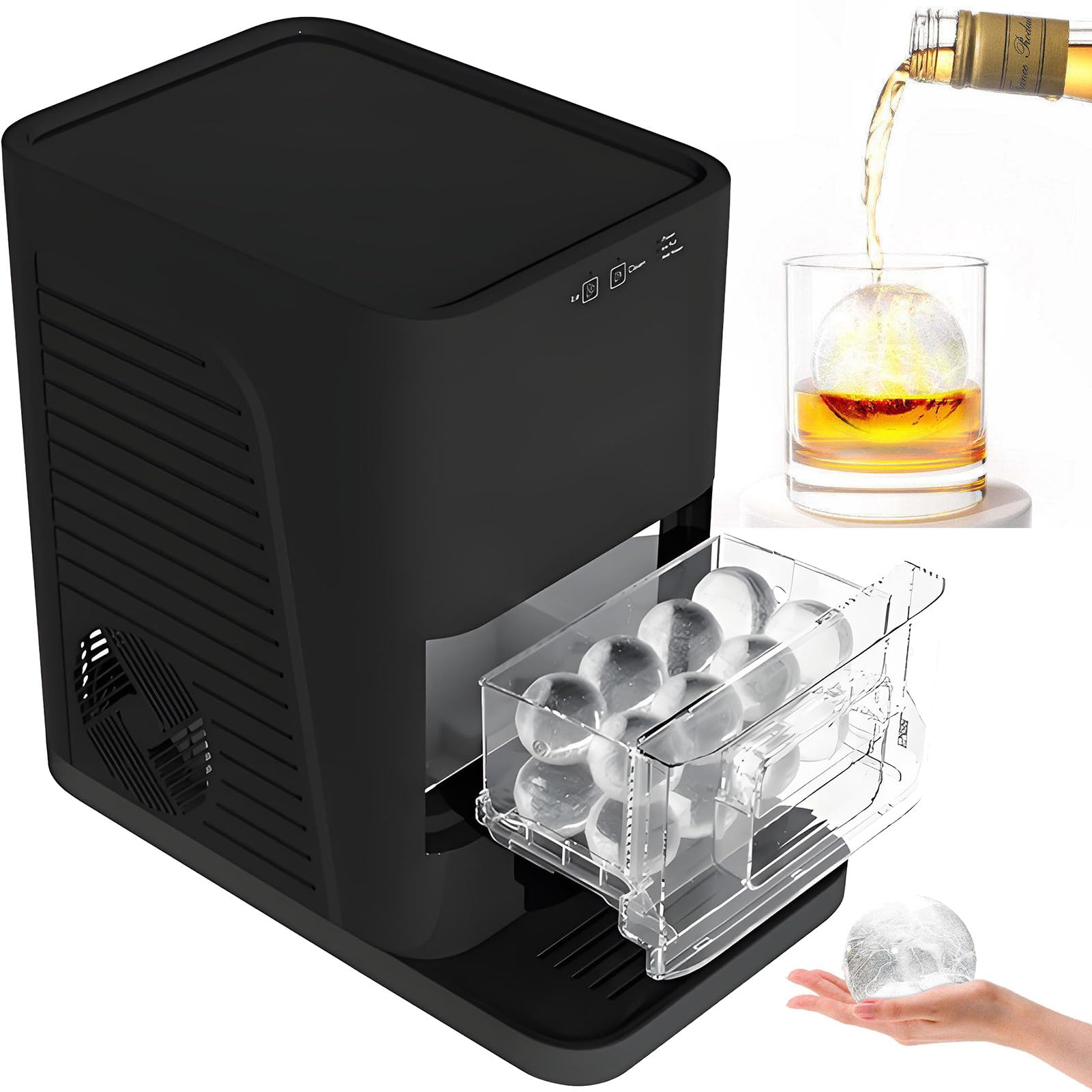 SHENGSHIYU Ice Cube Ball Makers 180W,Portable Ice Maker,Produces 2 Solid 50mm Large Ice Spheres per Cycle, Auto Self-Clean Function,Countertop Ice Ball Maker for Home & Commercial Use Black