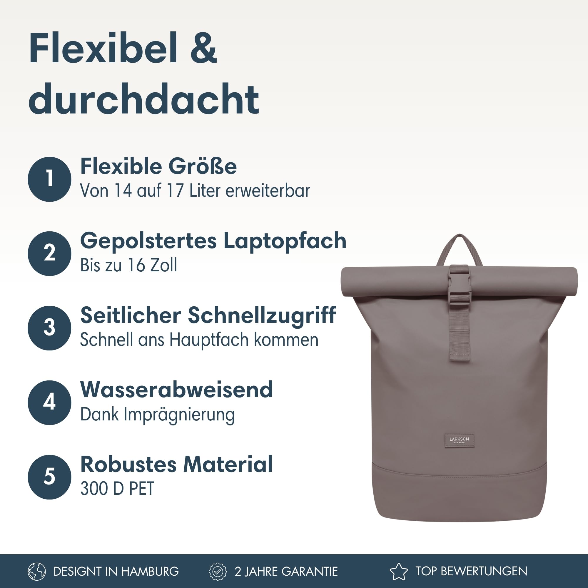 LARKSON Rucksack Damen & Herren Braun - Janne - Rolltop Rucksack mit Laptopfach für Uni, Arbeit, Reise & Fahrrad - Backpack Tagesrucksack Mittelgroß - Wasserabweisend