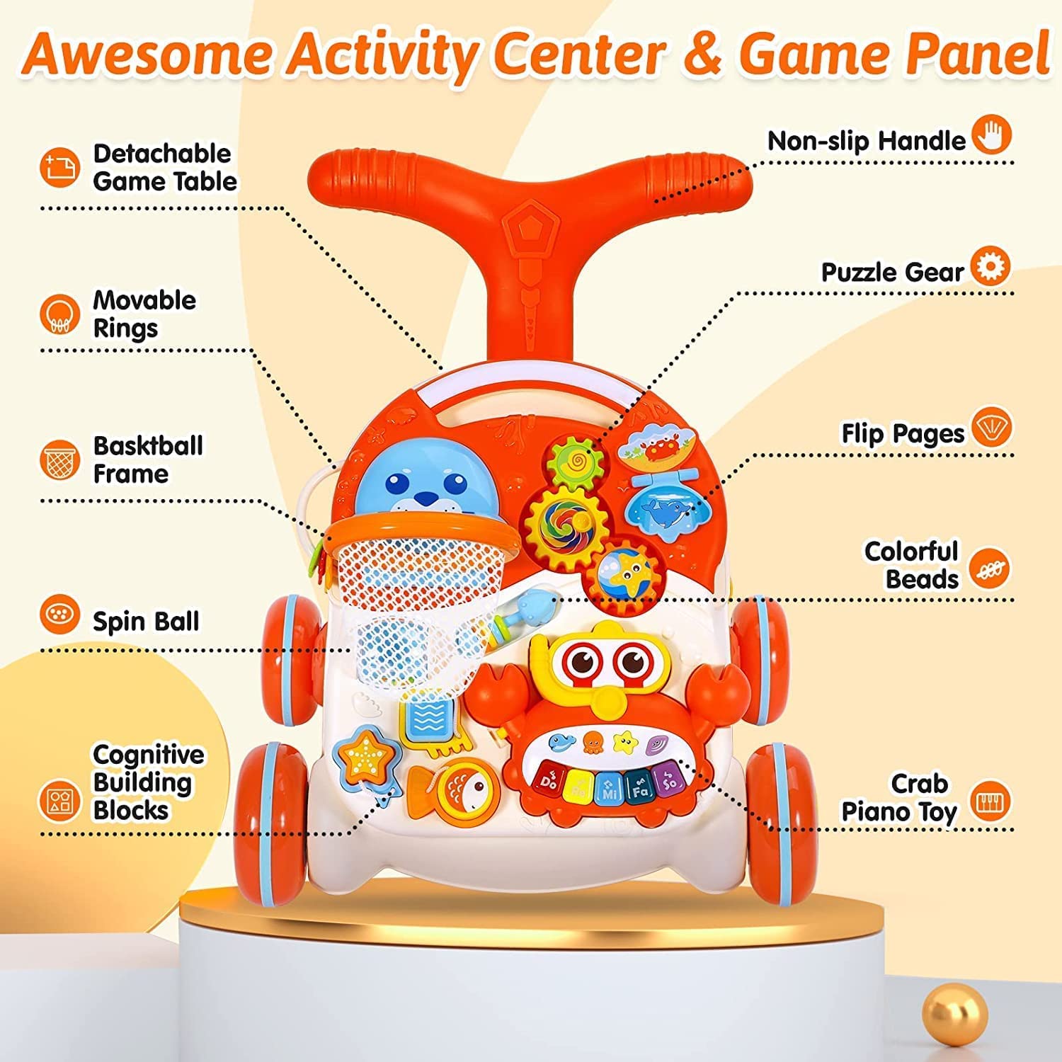 Arcanine Baby Sit to Stand Learning Walkers & Activity Table, 2 in 1 Early Education Activity Center, Cute Seals Crab Musical Toys Balls for Toddlers Infant Boy Girl 9-18 Months 1
