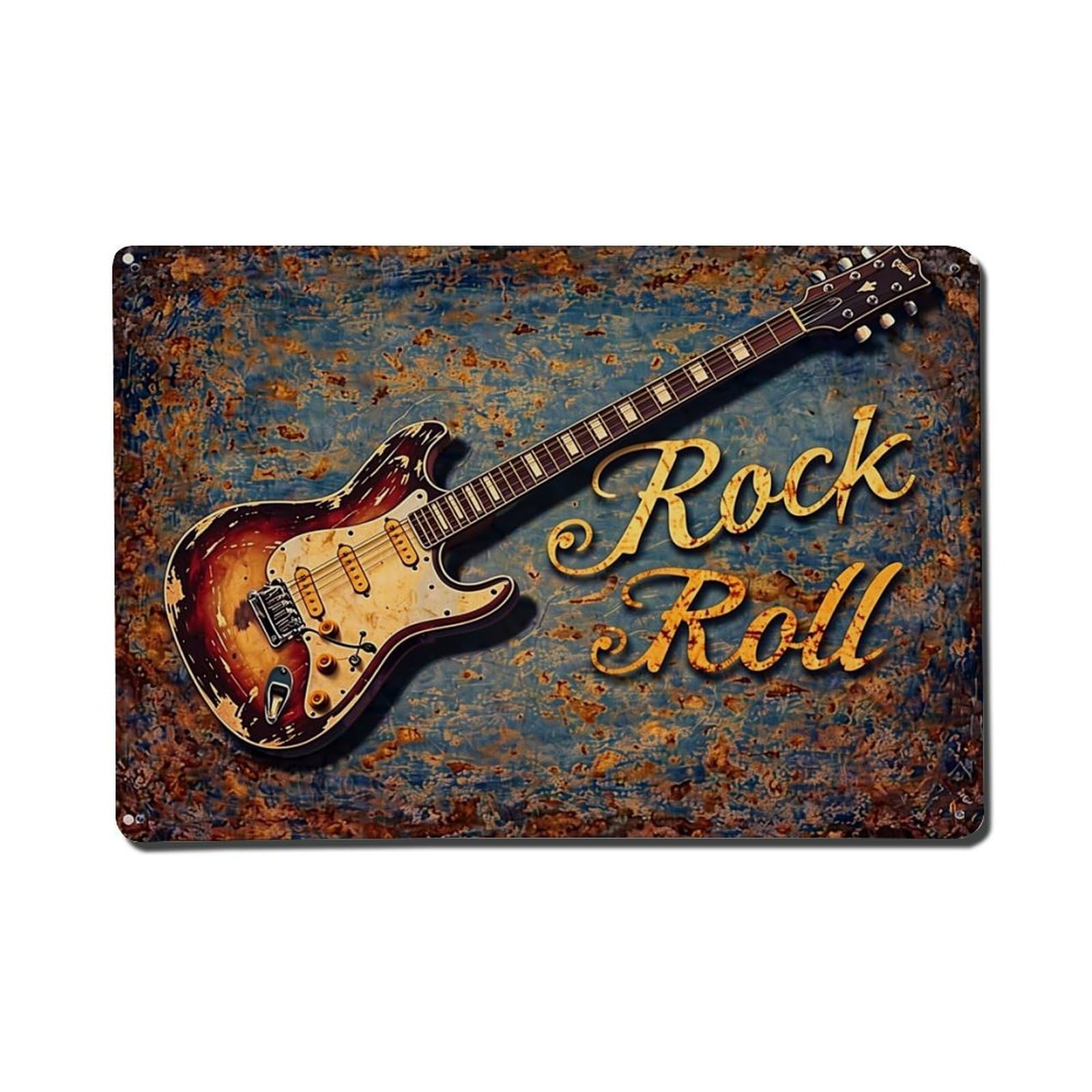 Rock Roll Guitar Vintage Style Retro Metal Tin Sign, Vintage Decor Art Poster for Bar, Home, Man Cave, Kitchen, Laundry Room Gift 8x12Inch