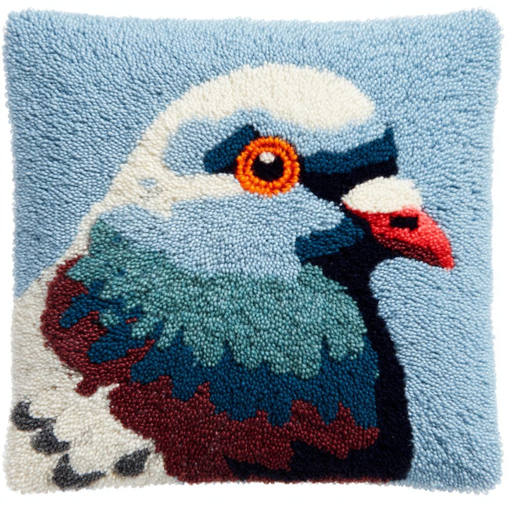 RKFLGEW Latch Hook Kits DIY Throw Pillow Cover Pigeon Latch Hook Sofa Cushion Cover Embroidery Craft Kit for Adults and Beginners Pattern Printed Canvas Creativity Crochet 17X17 Inch