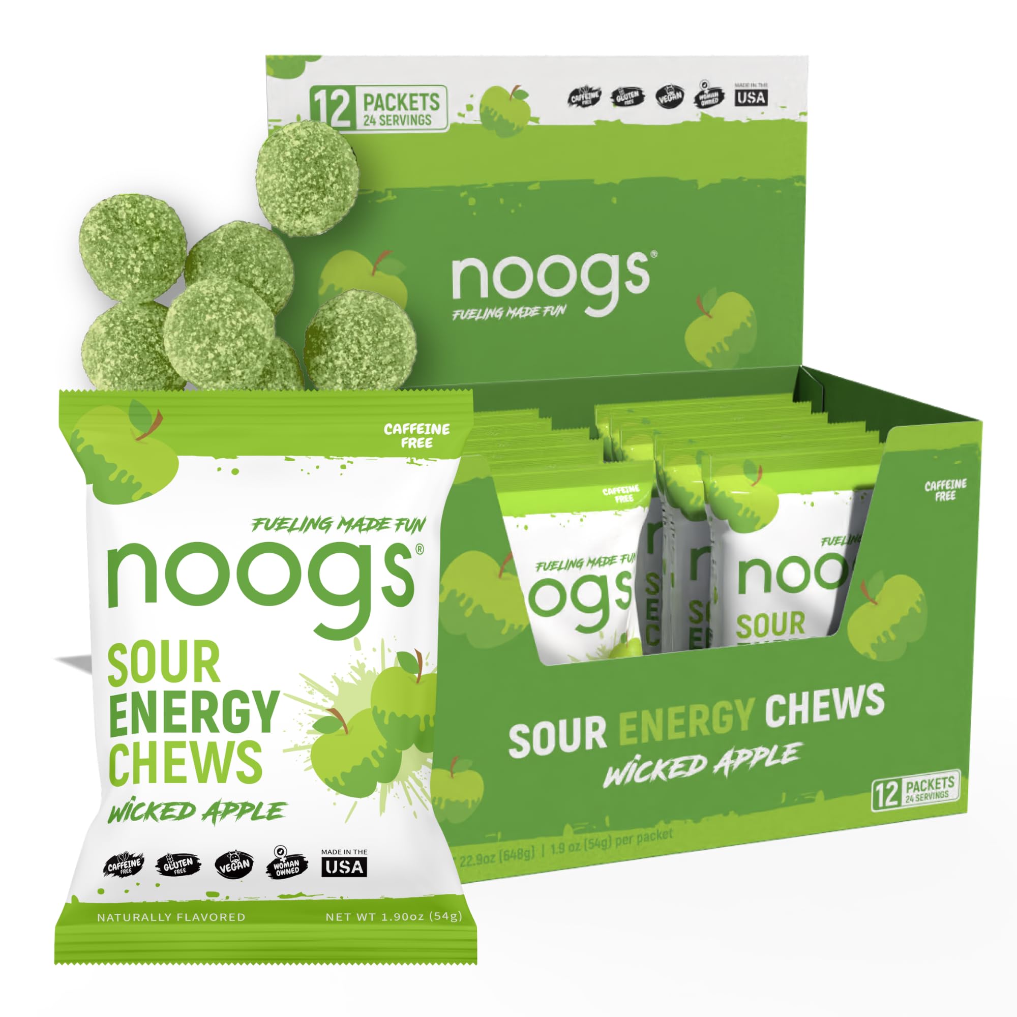 Noogs Sour Energy Chews, Wicked Apple Electrolyte Energy Gummies, Sour Candy Flavored Alternative to Running Gels, Vegan, Gluten Free & Caffeine Free